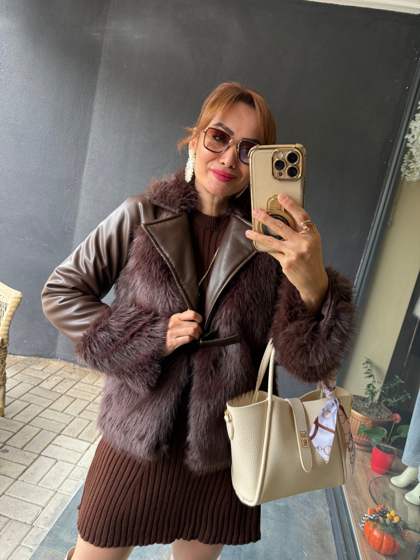 Deer Acı Kahve Deri &Kürk Ceket