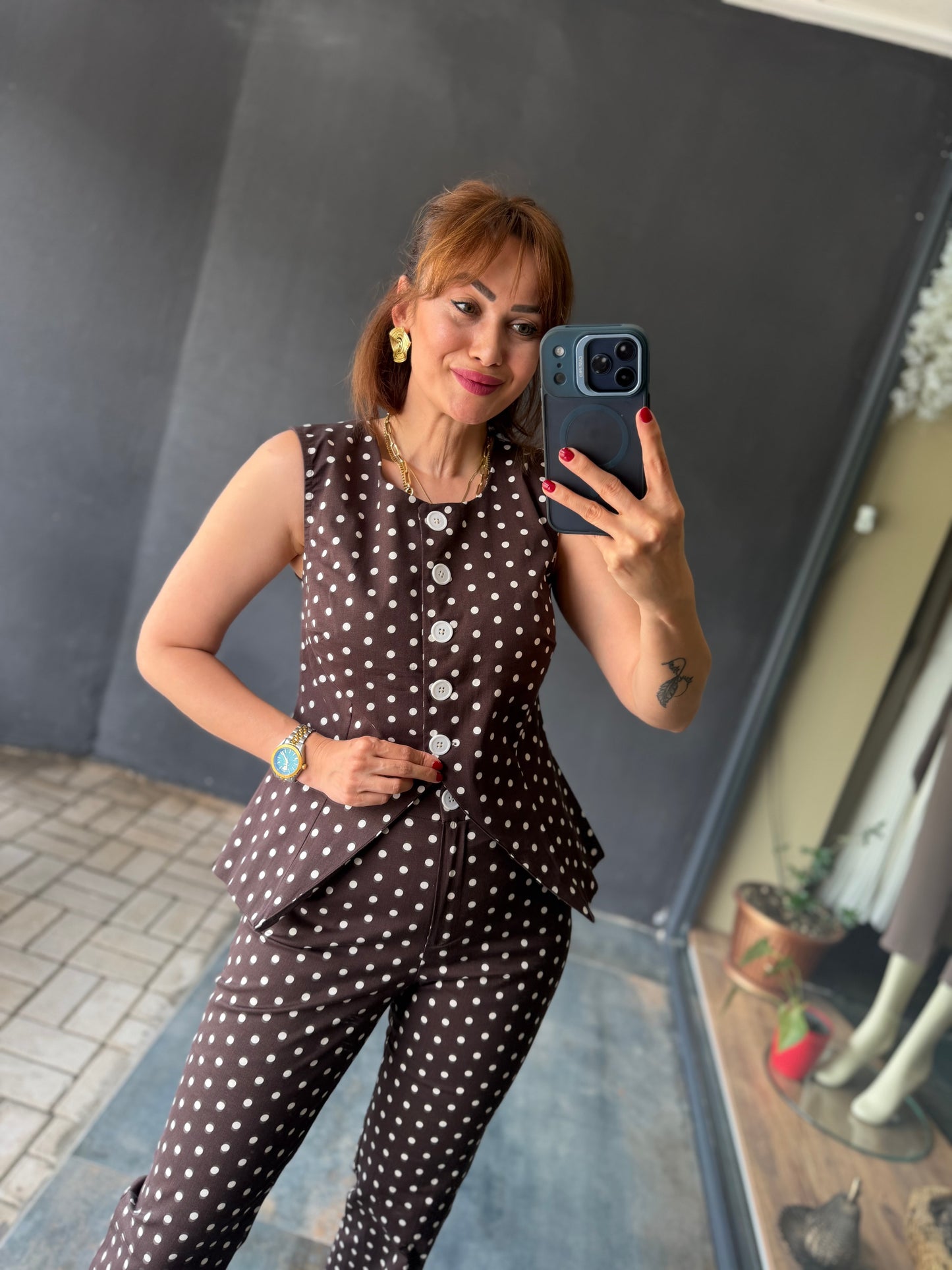 Kahve Puantiyeli Vintage Pantolon Takımı