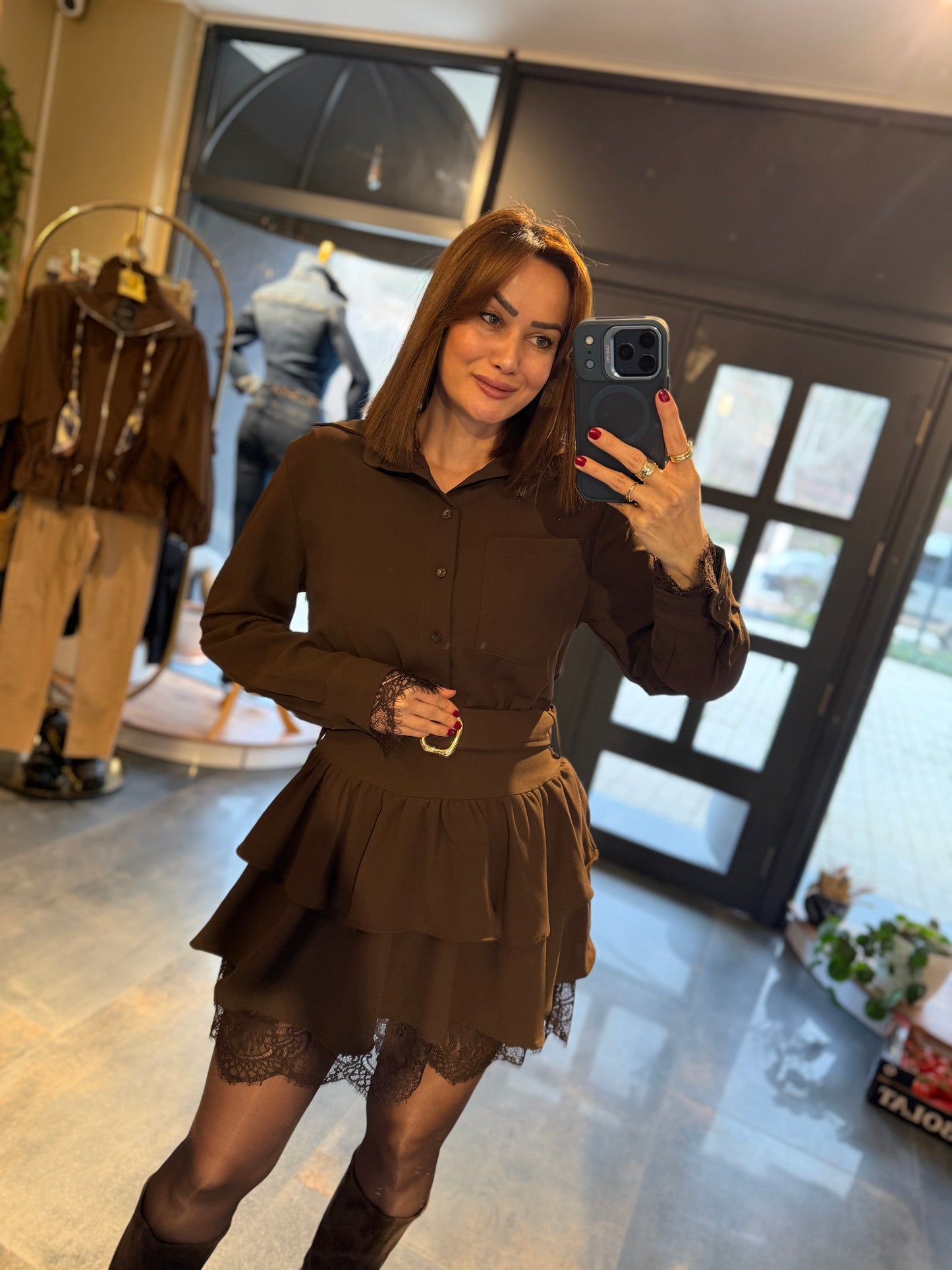 Angeles Kahve Dantel Detaylı Elbise