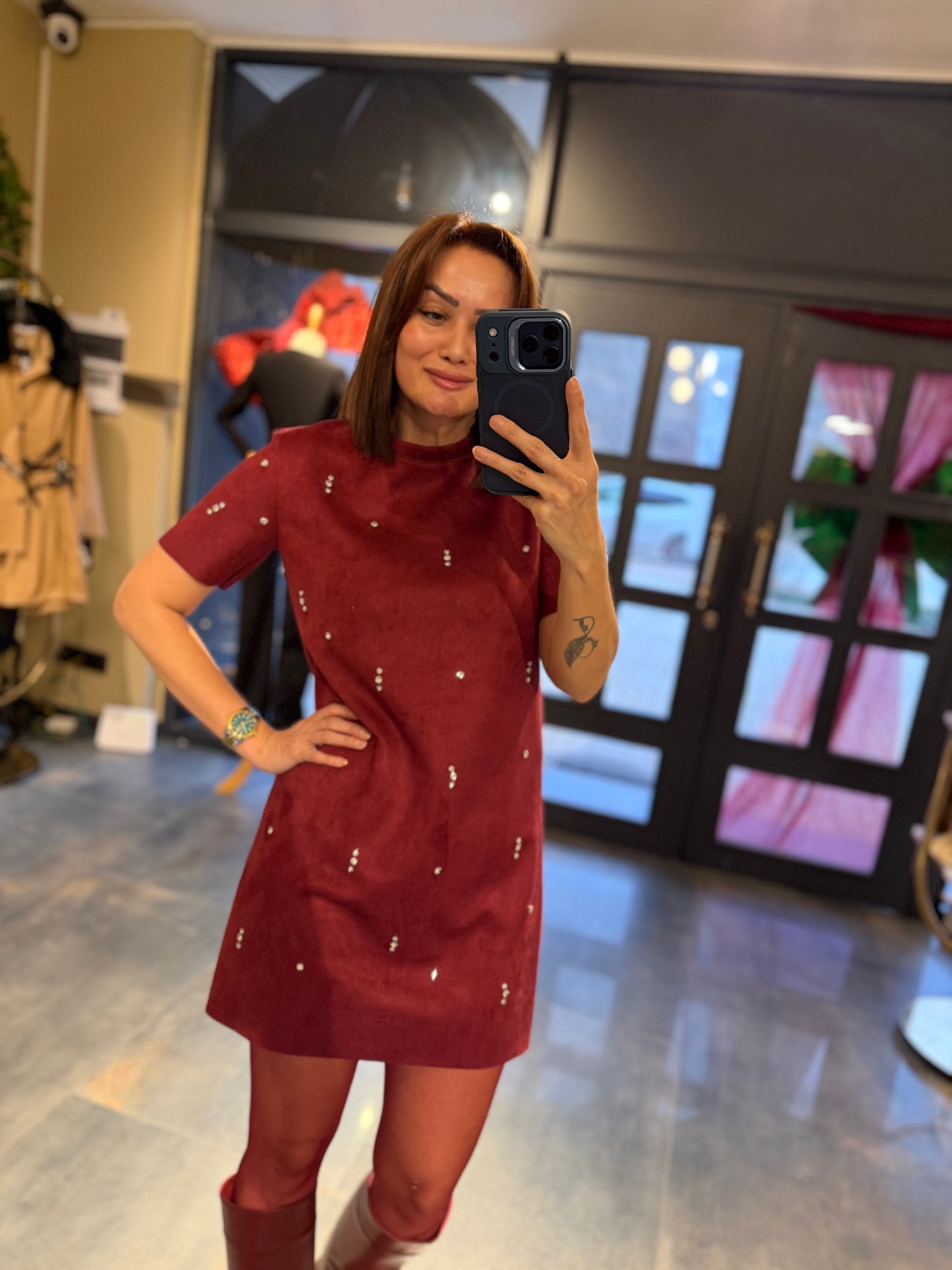 Moss Bordo Süet Taş Detay Elbise