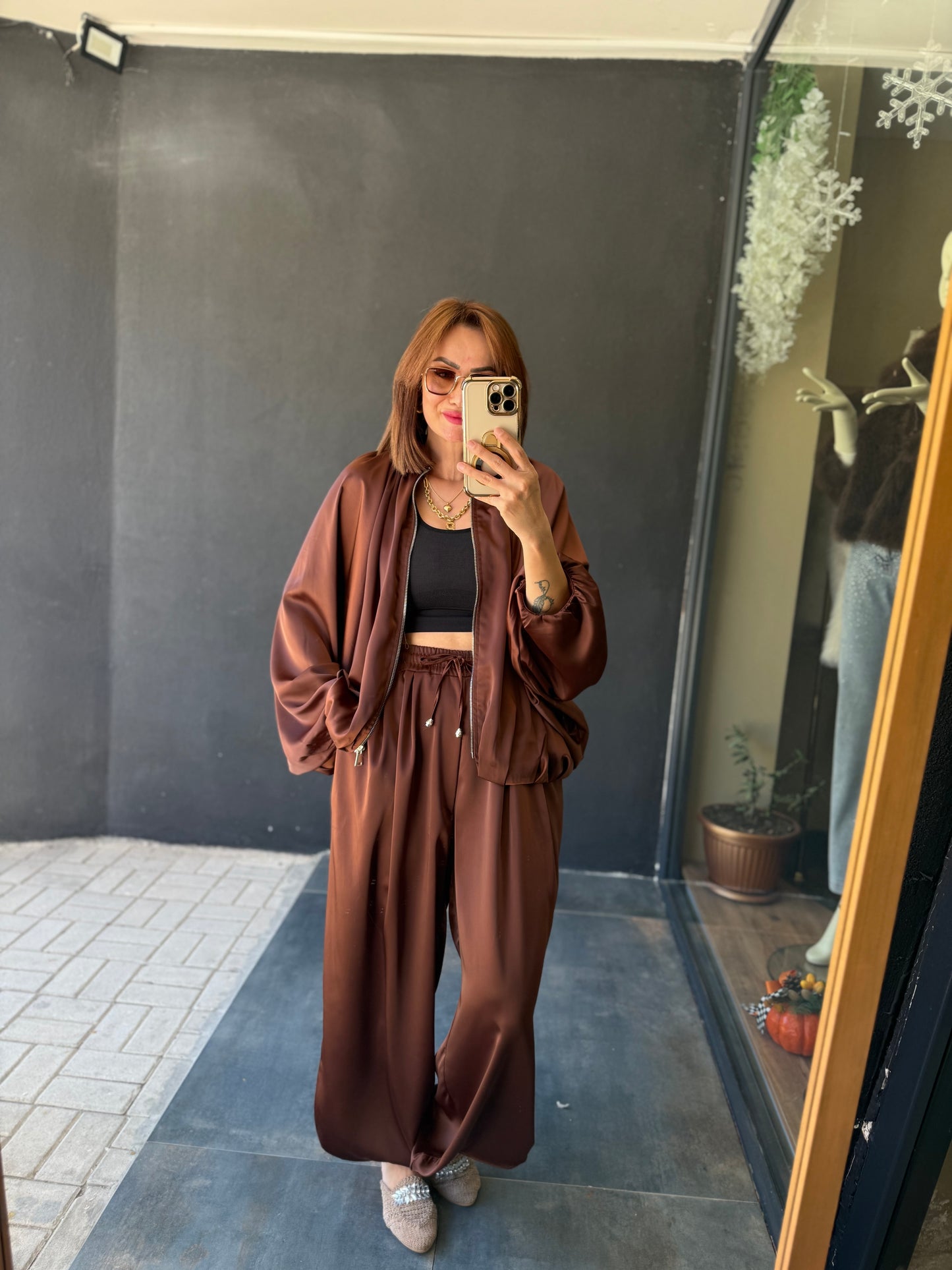 Cardinal Kahve Saten Bomber Takım