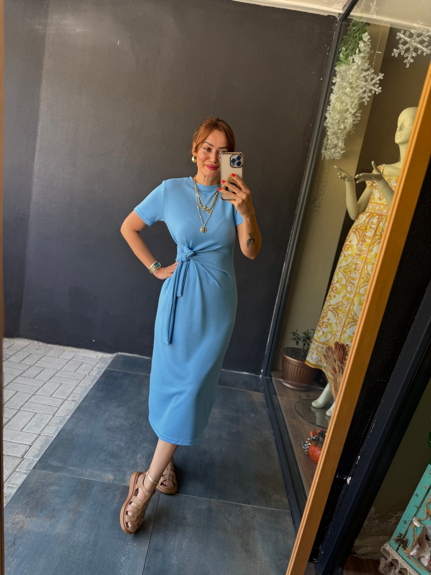 Fragman Modal Mavi Kuşaklı Elbise