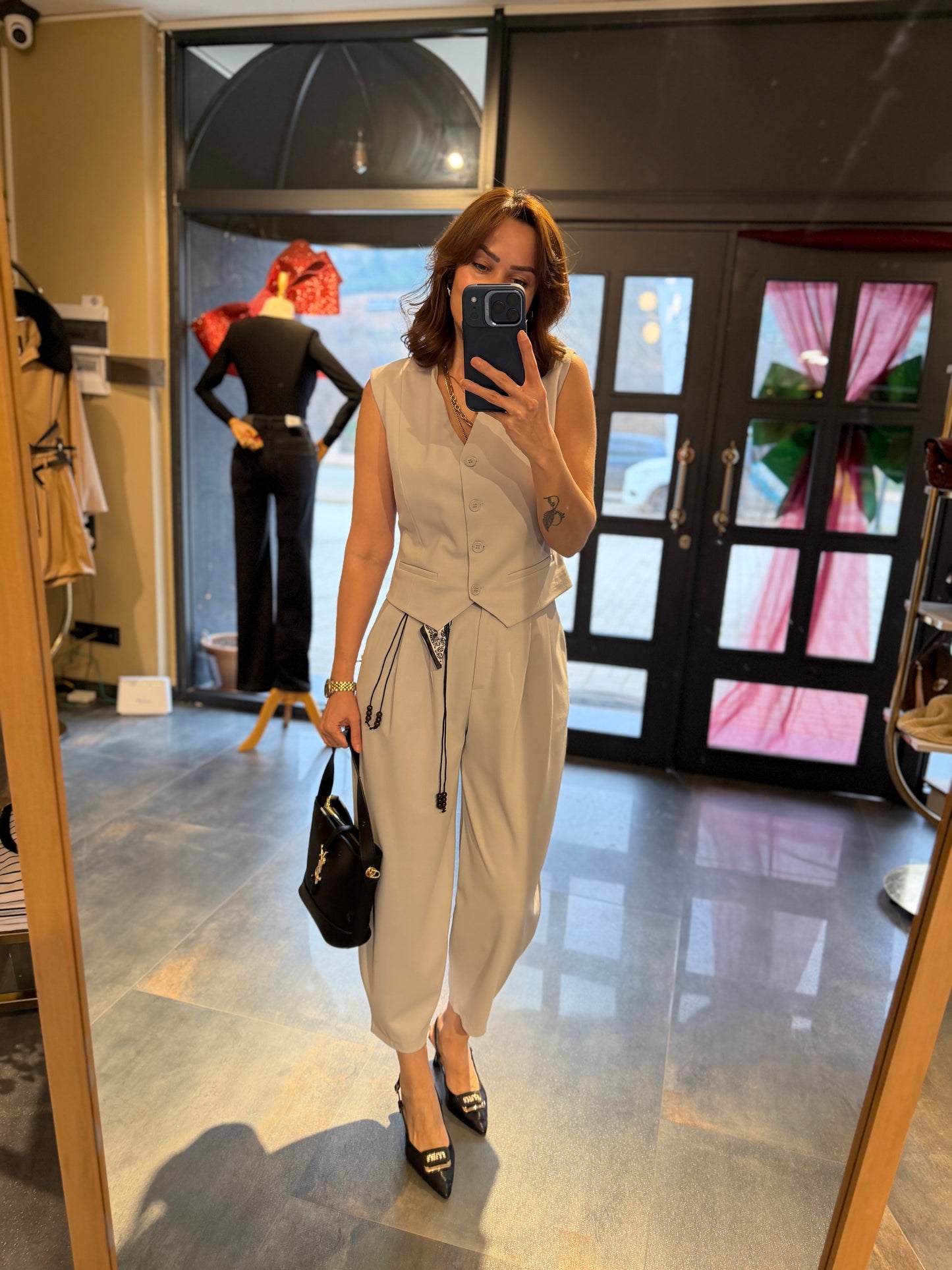 Casual Gri Harem Yelekli Takım