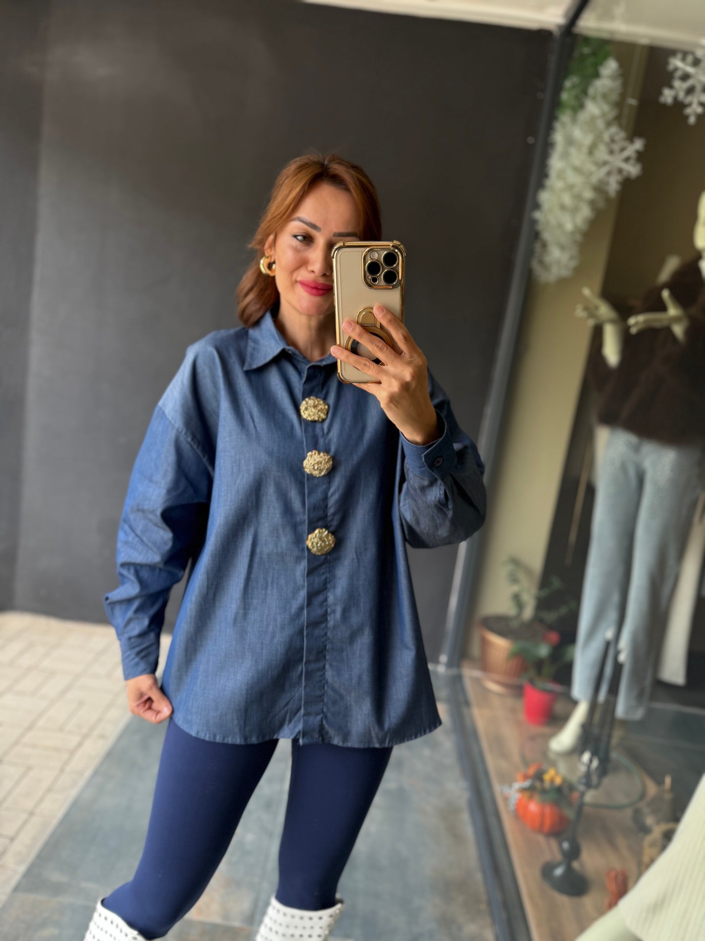 Dafina Gold Broşlu Mavi Gömlek