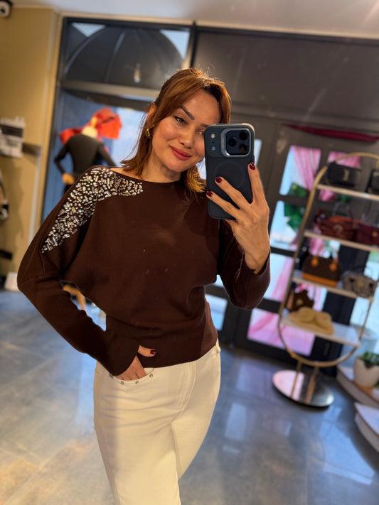 Buruni Kahve Çelik Örme Bluz