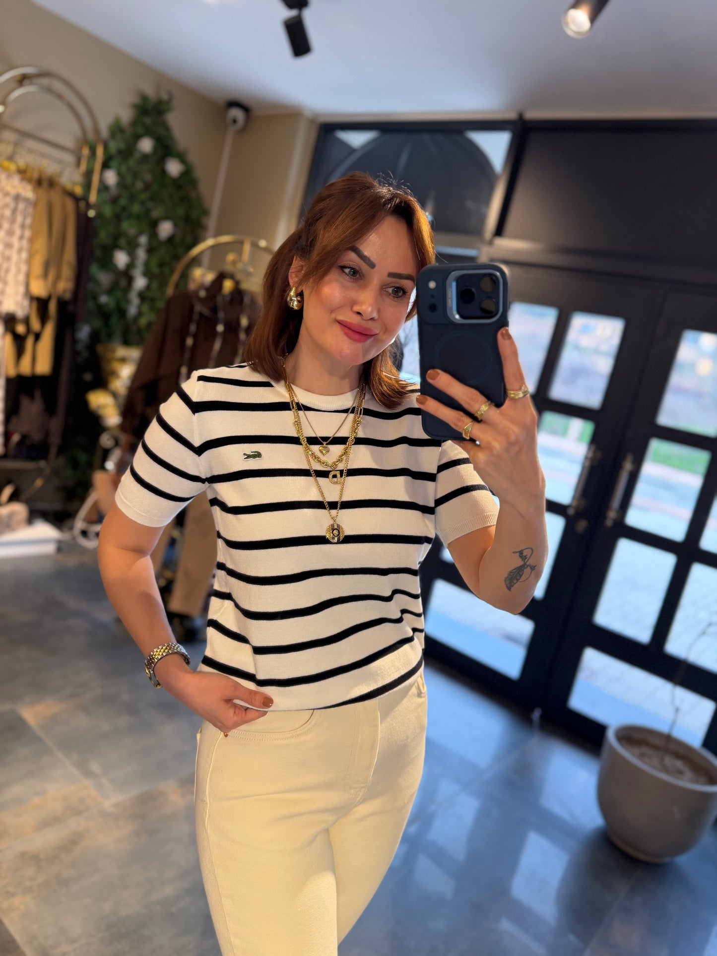 Misse Siyah / Beyaz Triko Dokulu T-Shirt