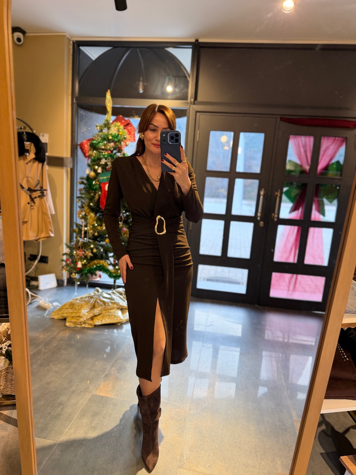 Alin Kahve Kemer Detaylı Korse Elbise