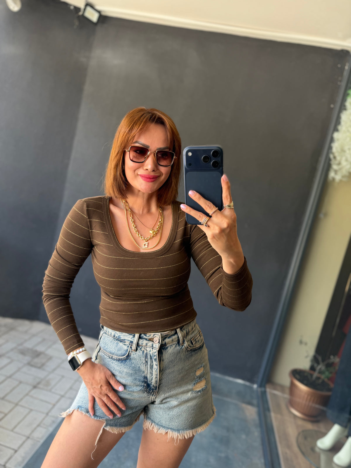 Norevia Kahve Çizgili U Yaka Body