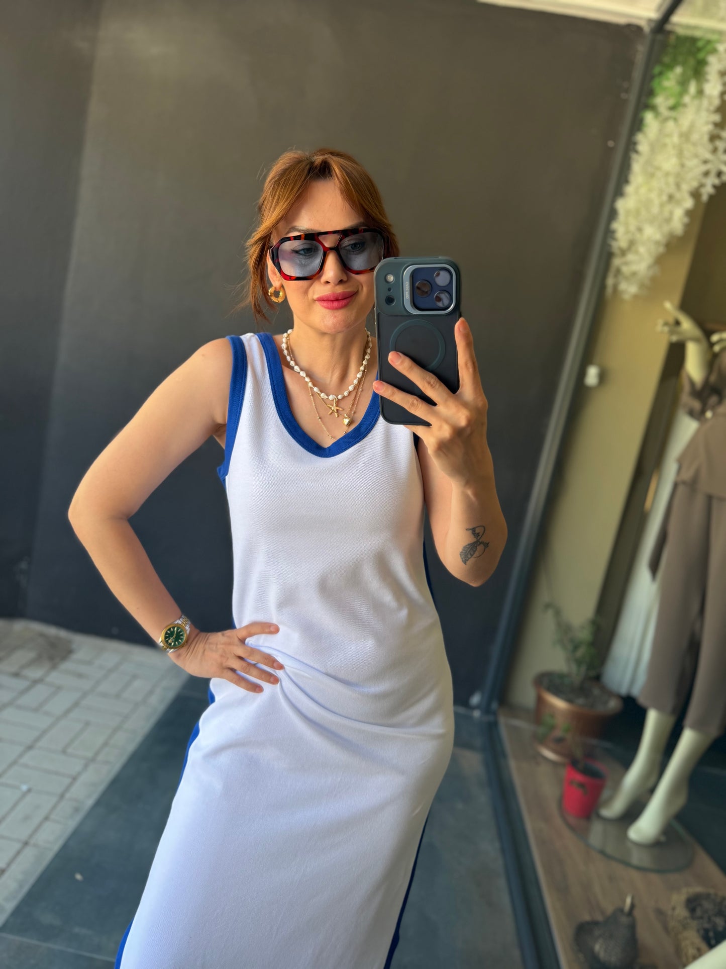 File Kumaş Beyaz & Mavi Elbise