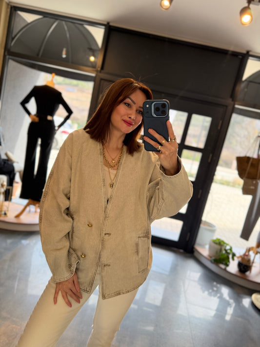 Xlove Yıkamalı Bej Jean Ceket