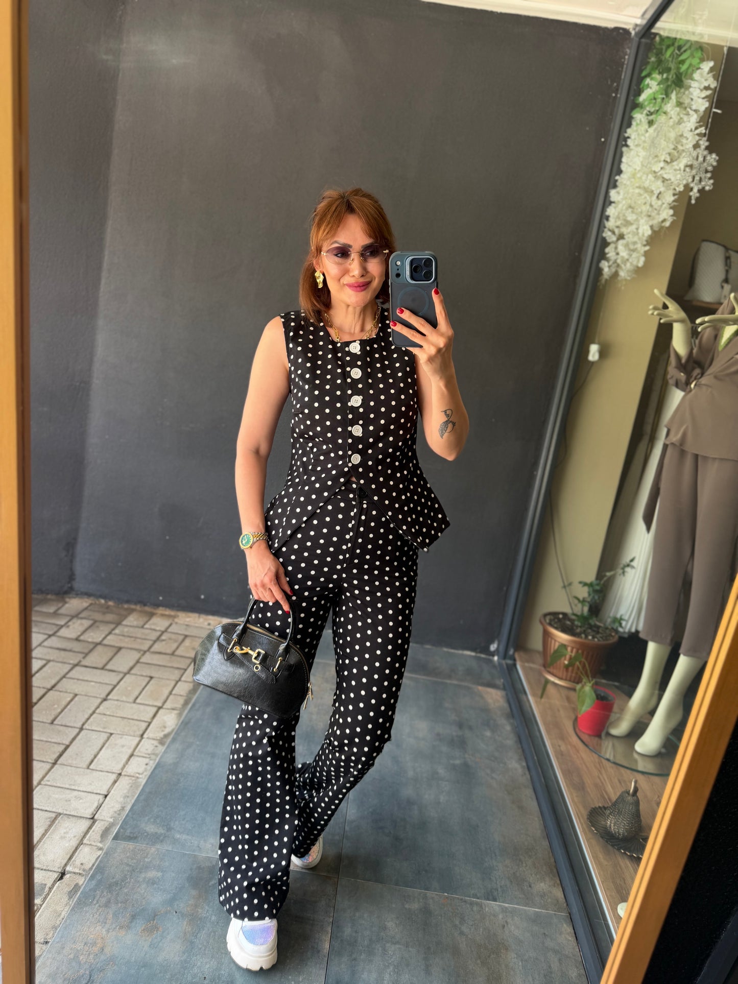 Siyah Puantiyeli Retro Pantolon Takımı
