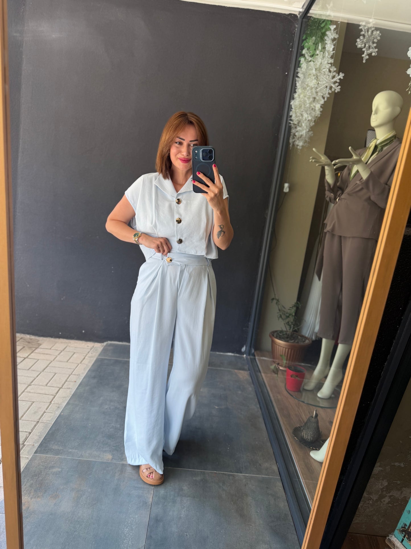 Mavi Bol Paça Pantolonlu Premium Takım