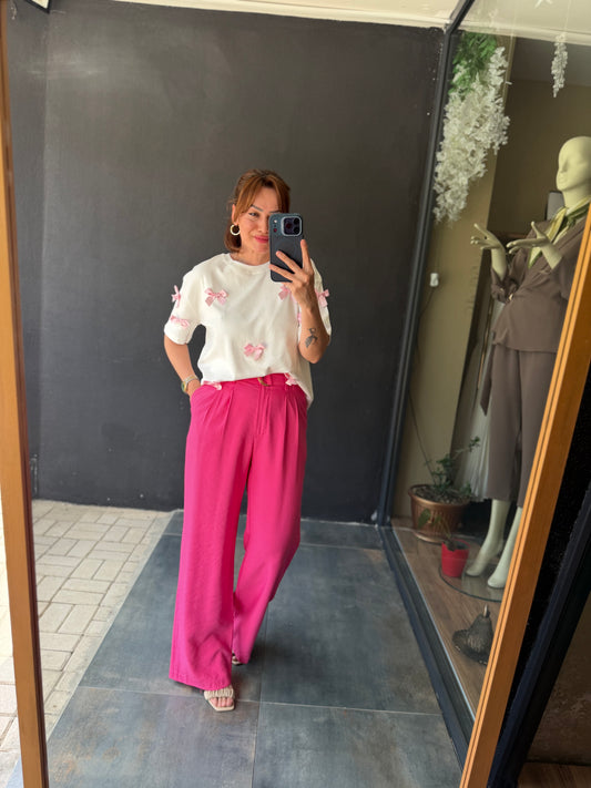 Pembe Palazzo Pantolon /Tshirt Kombin