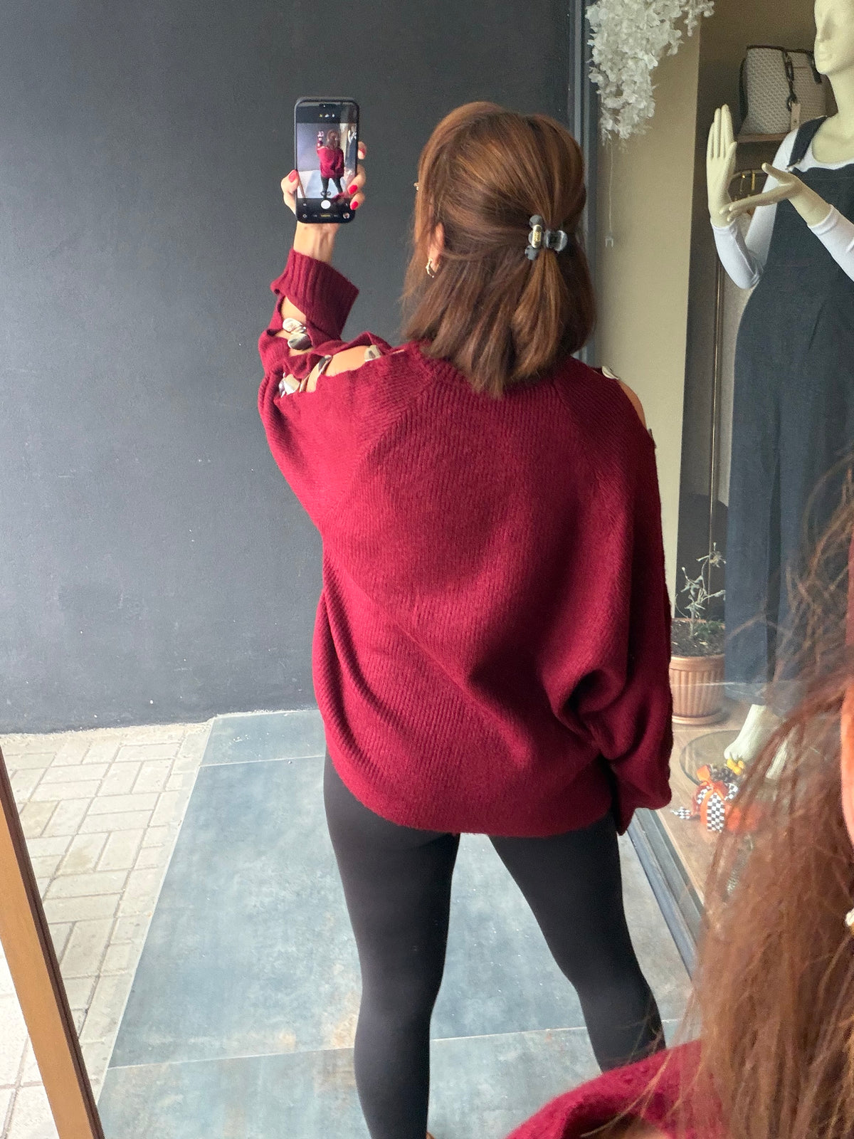 Beky Bordo Kolları Düğme Detaylı Triko