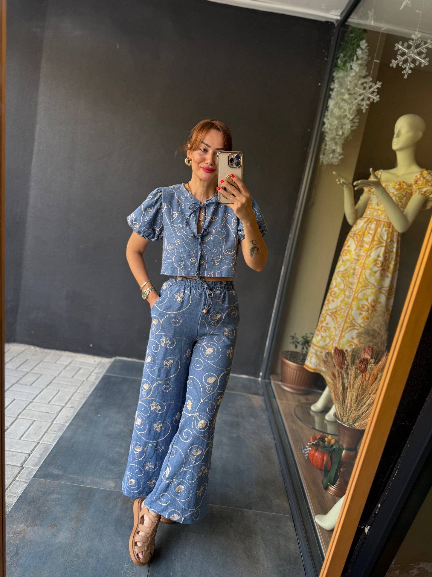 Cutest Mavi Nakışlı Pantolon Takım