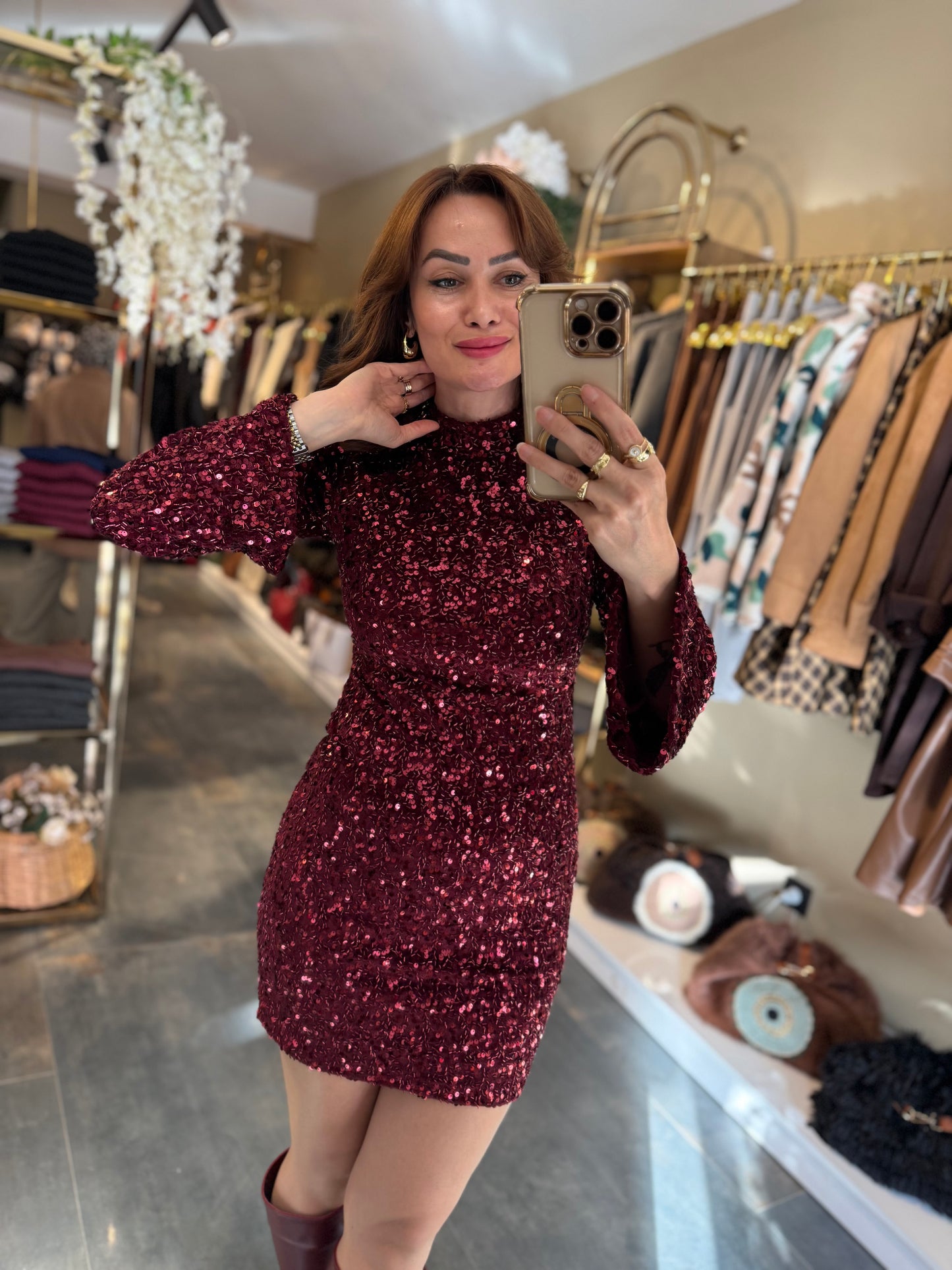 Nira İspanyol Kol Pullu Bordo Elbise