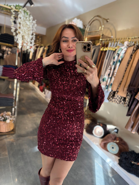 Nira İspanyol Kol Pullu Bordo Elbise