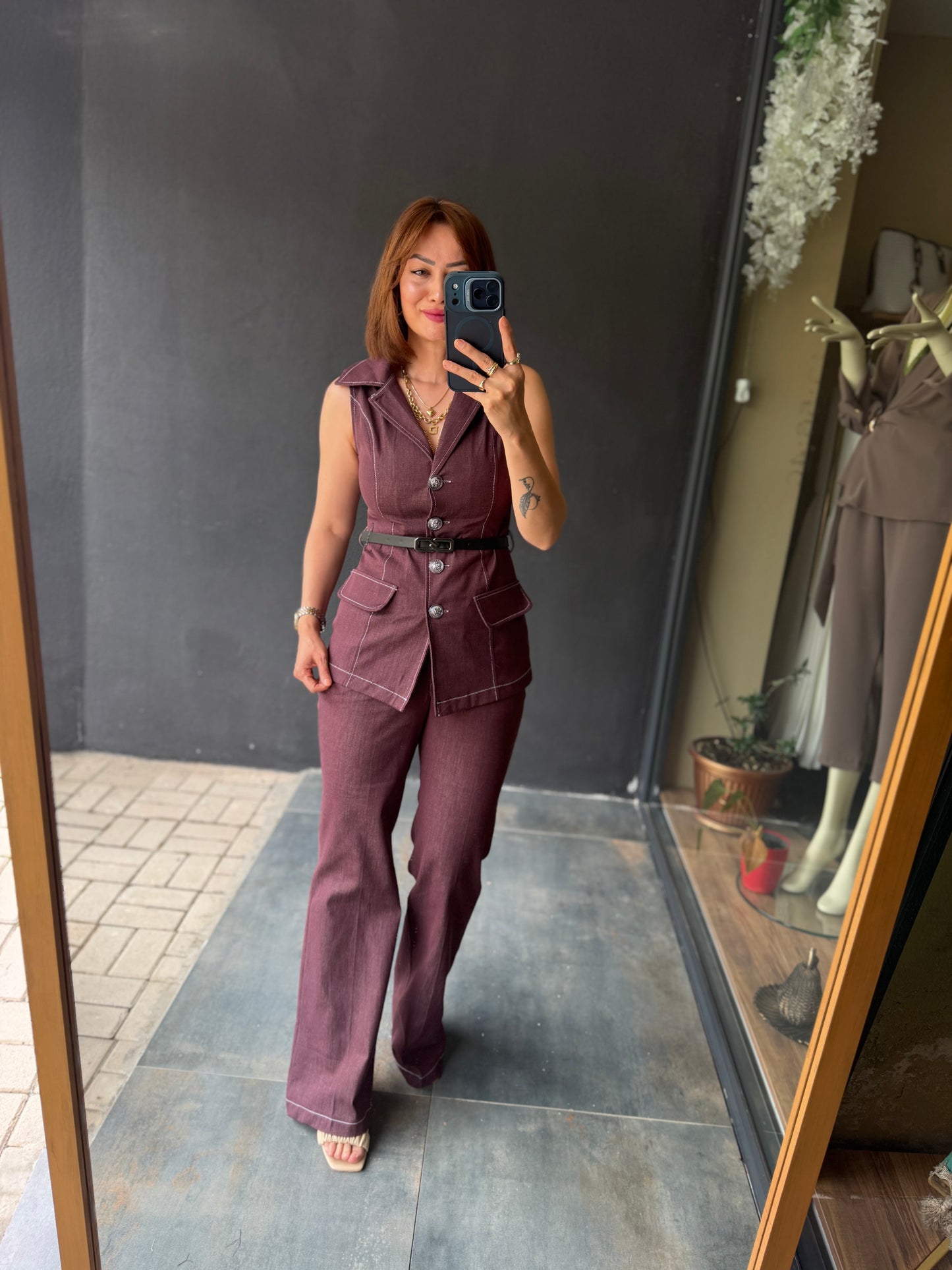 Bordo Kontrast Dikiş Yelek Pantolon Takım