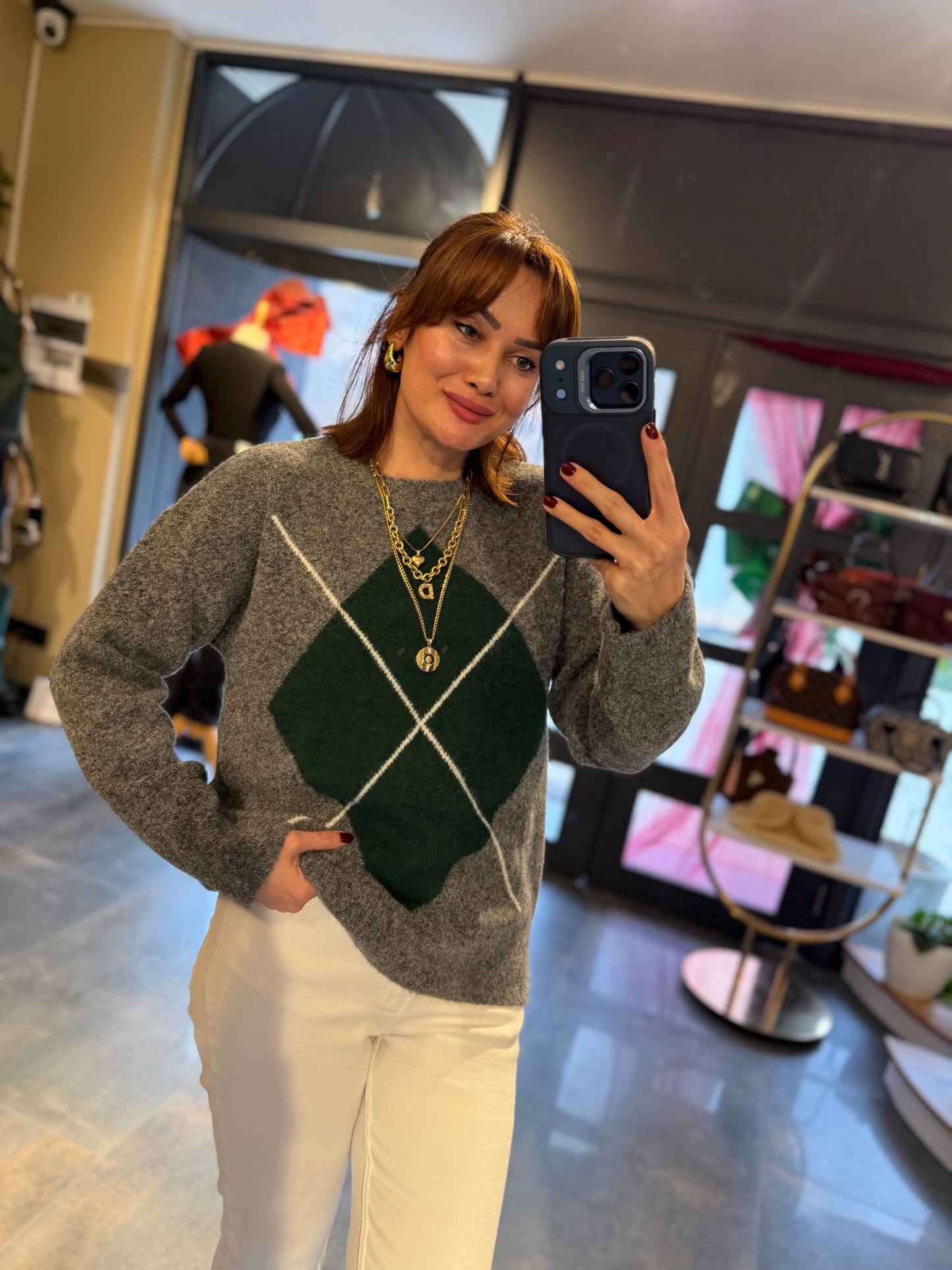 Lucente Gri Baklava Desen Kazak