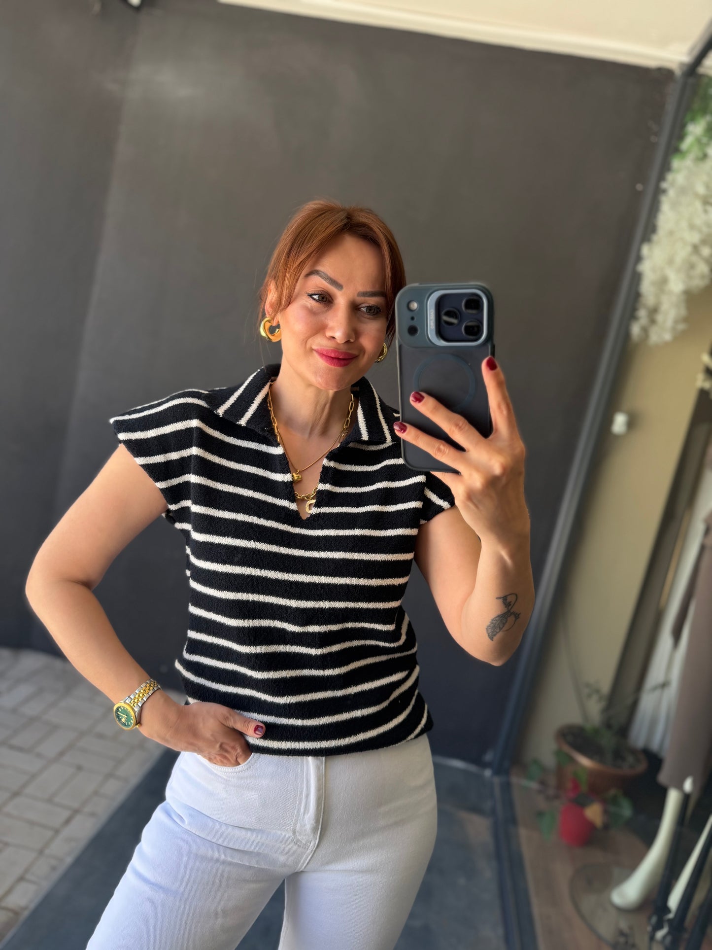 Virage Lacivert Çizgili Triko Bluz