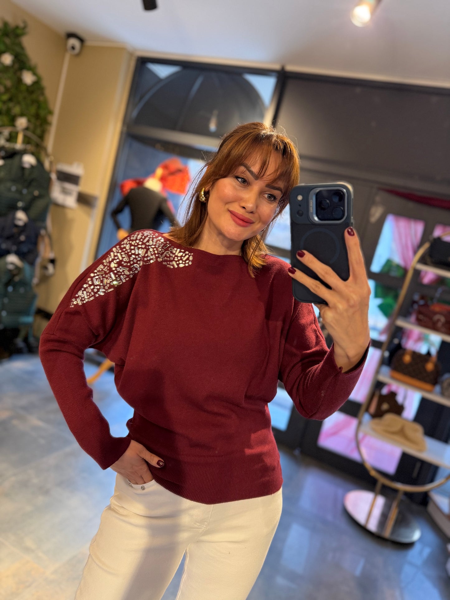 Buruni Bordo Çelik Örme Bluz