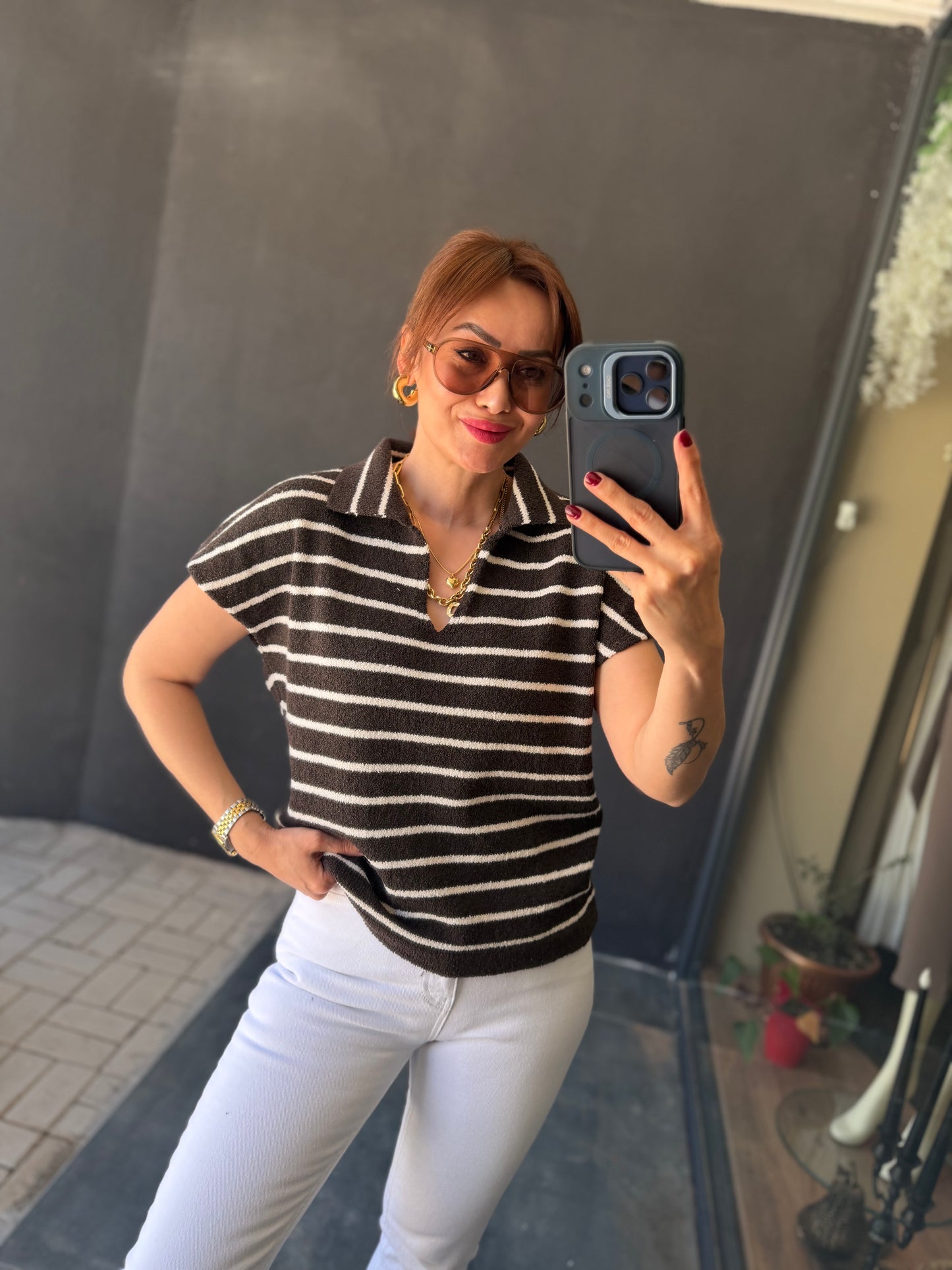 Virage Kahve Çizgili Triko Bluz
