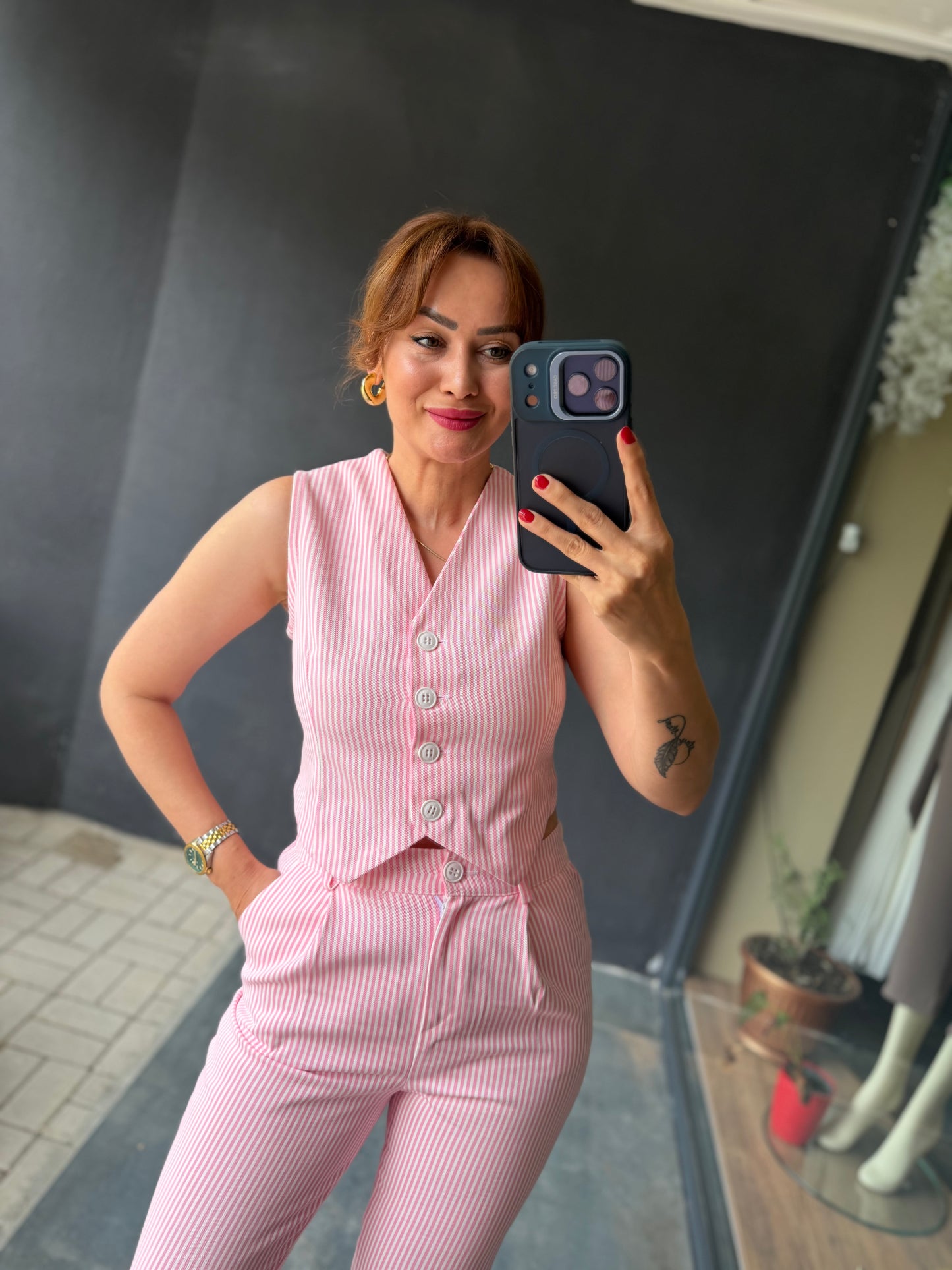 Çizgili Pembe Jean Keten Takım