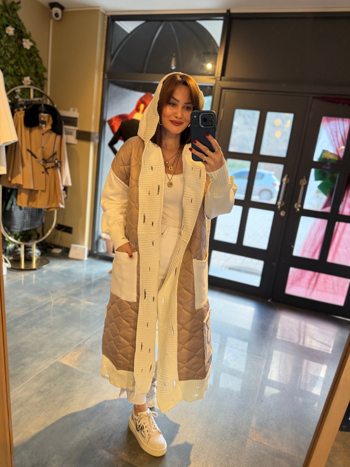 Linen Bej Capitone Detay Hırka