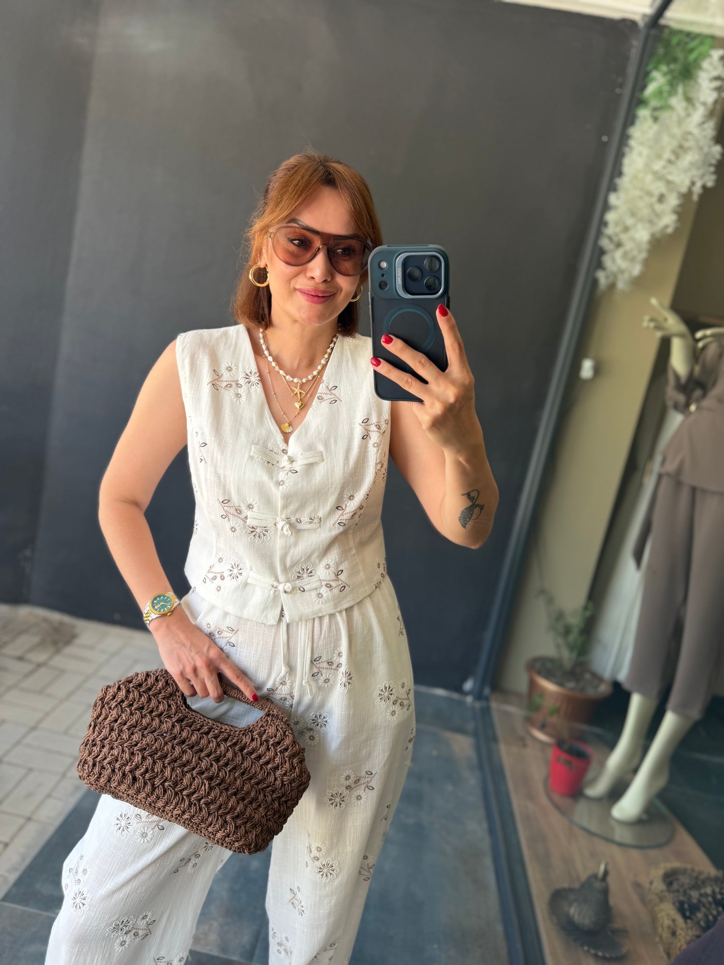 Premium Nakış İşlemeli Keten Görünümlü Yelek Pantolon Kadın Takım