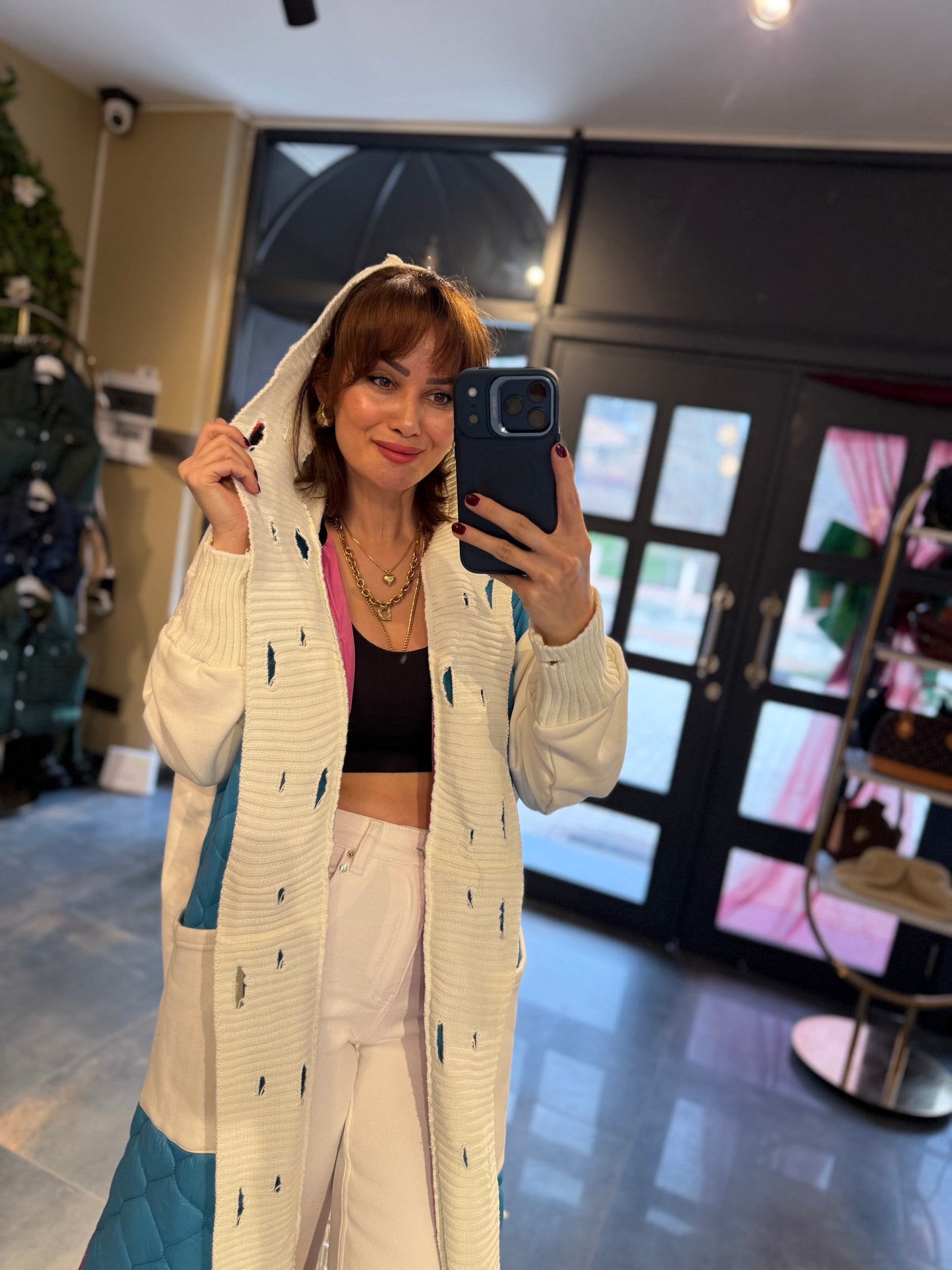 Linen Mavi Capitone Detay Hırka