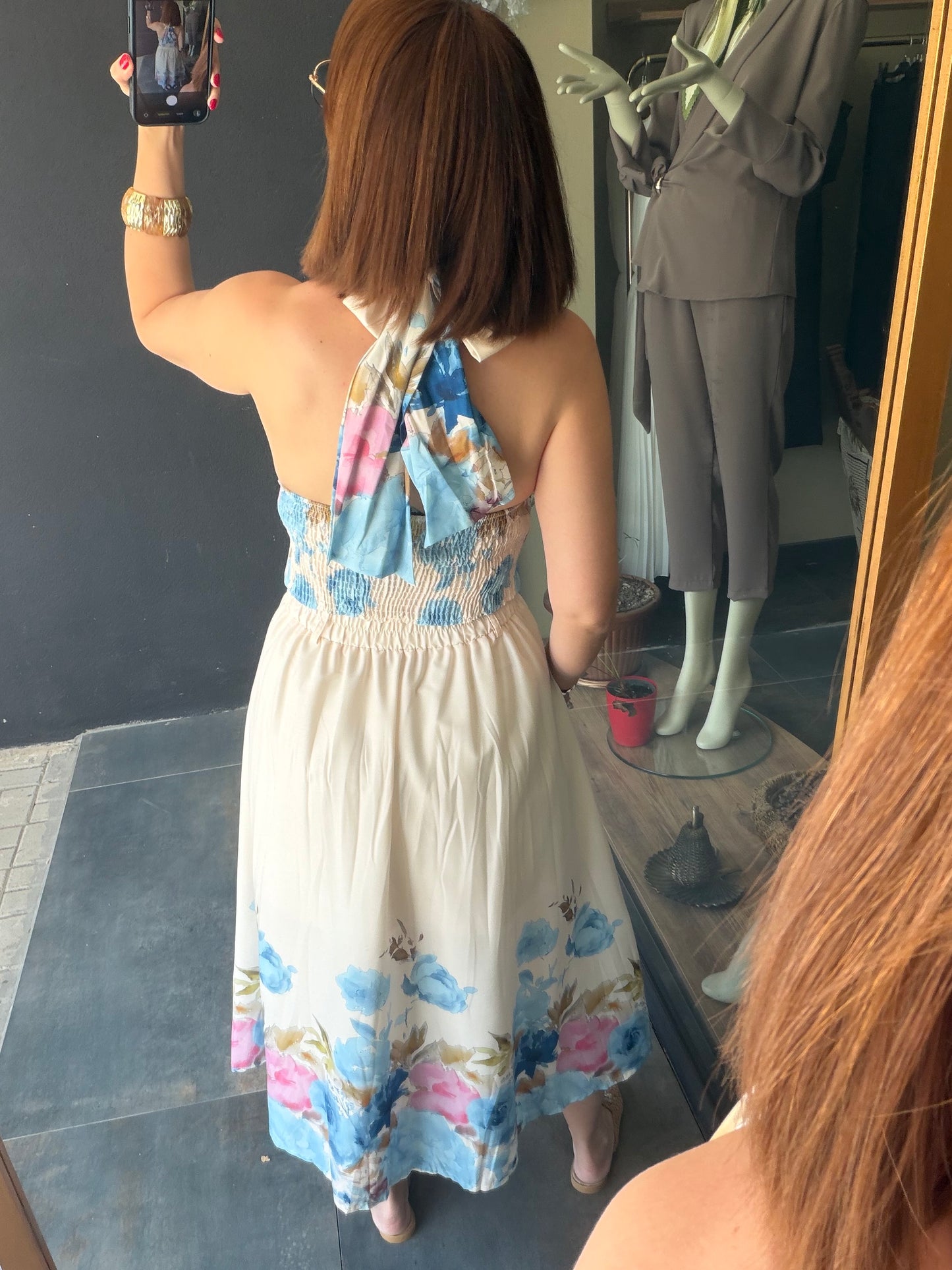 Kadın Çiçek Desenli Mavi Midi Etek ve Halter Yaka Bluz Takım
