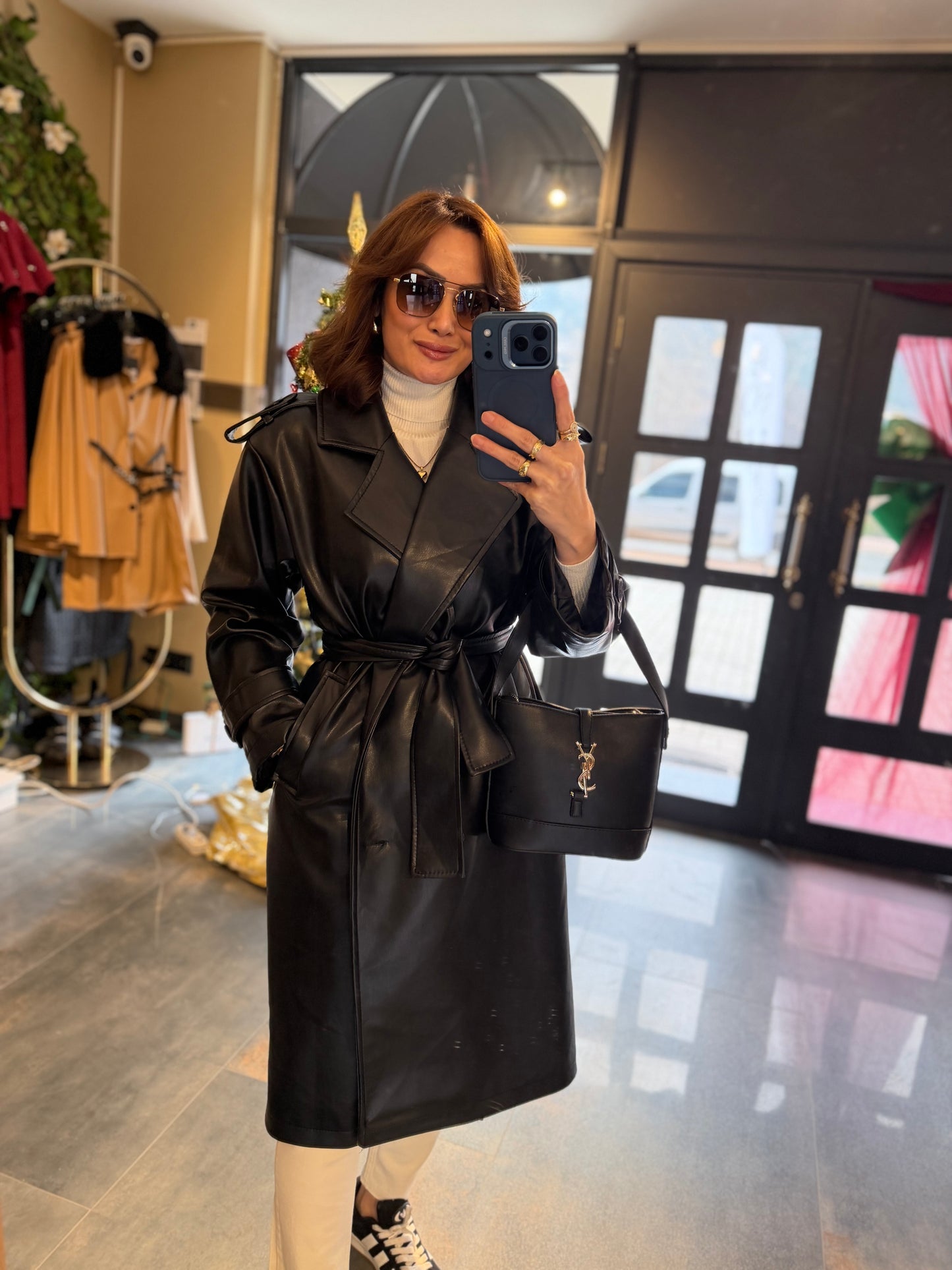 Glam Siyah Deri Trench