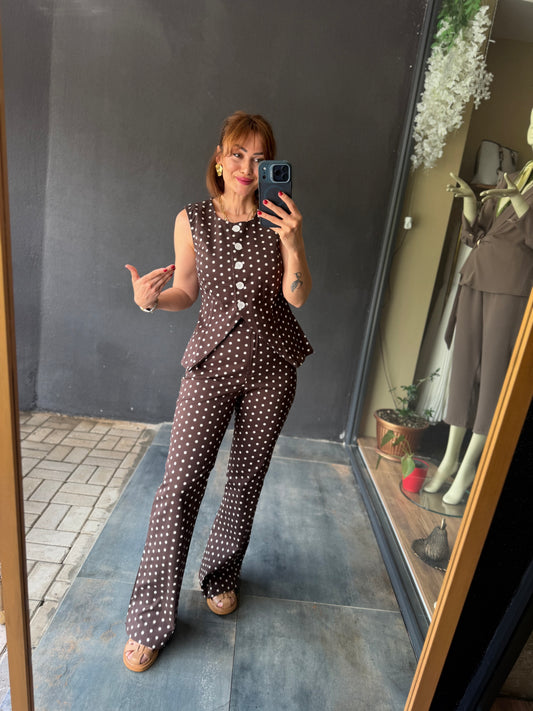 Kahve Puantiyeli Vintage Pantolon Takımı