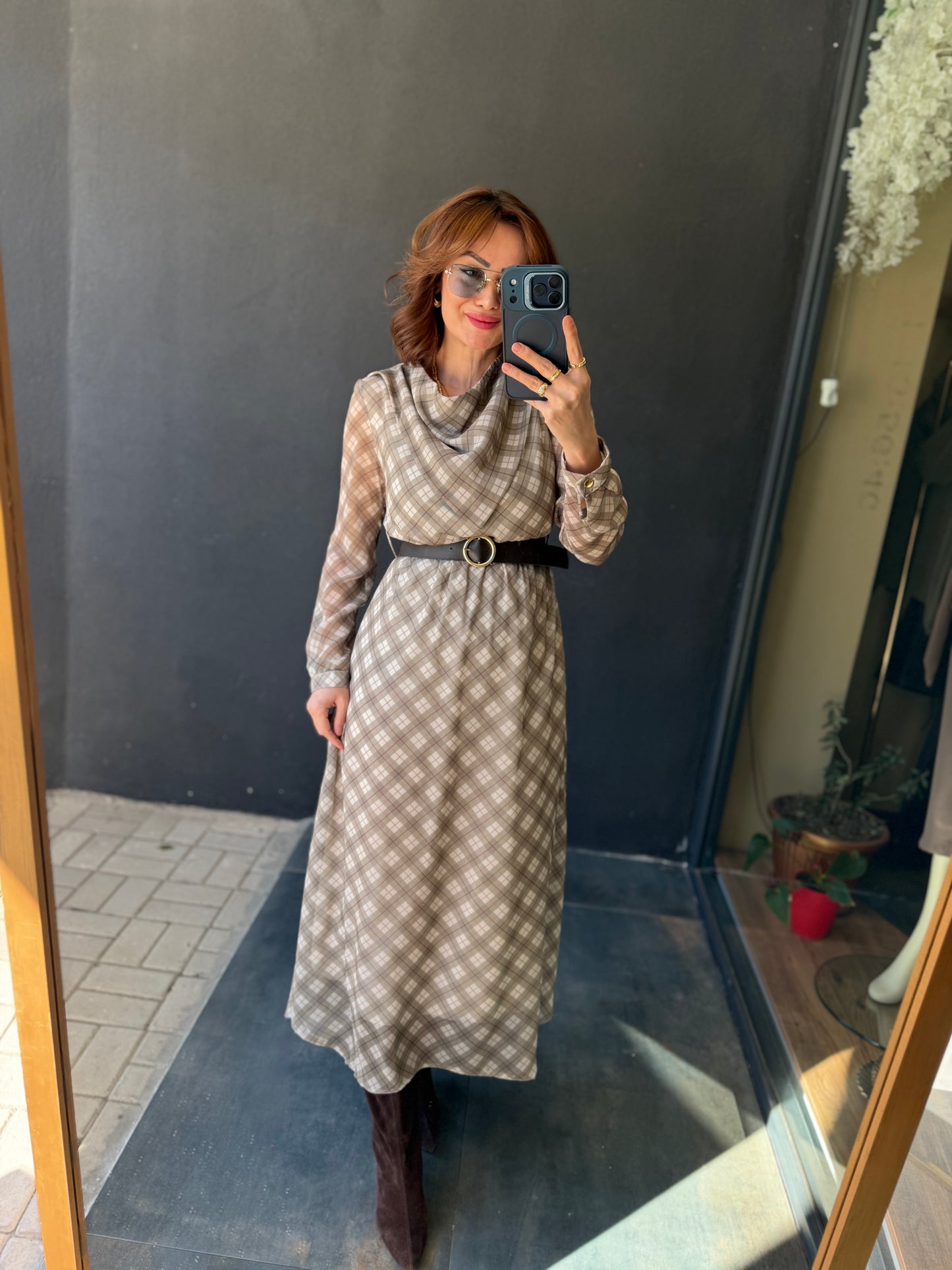 Capo Kemerli Haki Şifon Elbise