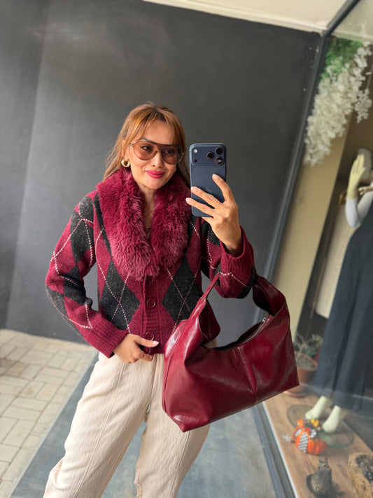 Taormina Bordo Baklava Desen Hırka