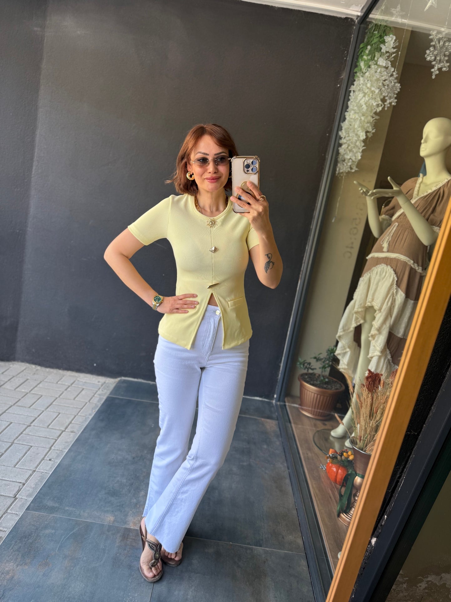 Mzr Sarı Gold Düğmeli Bluz