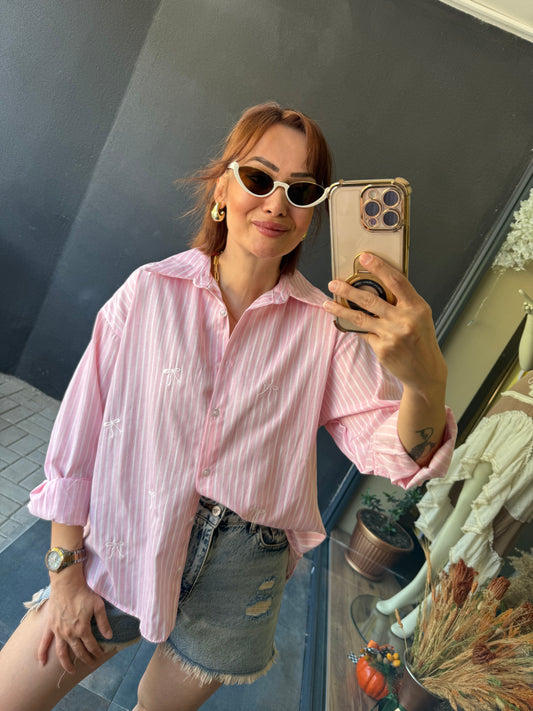 Bısou Pembe Fiyonk Nakışlı Gömlek