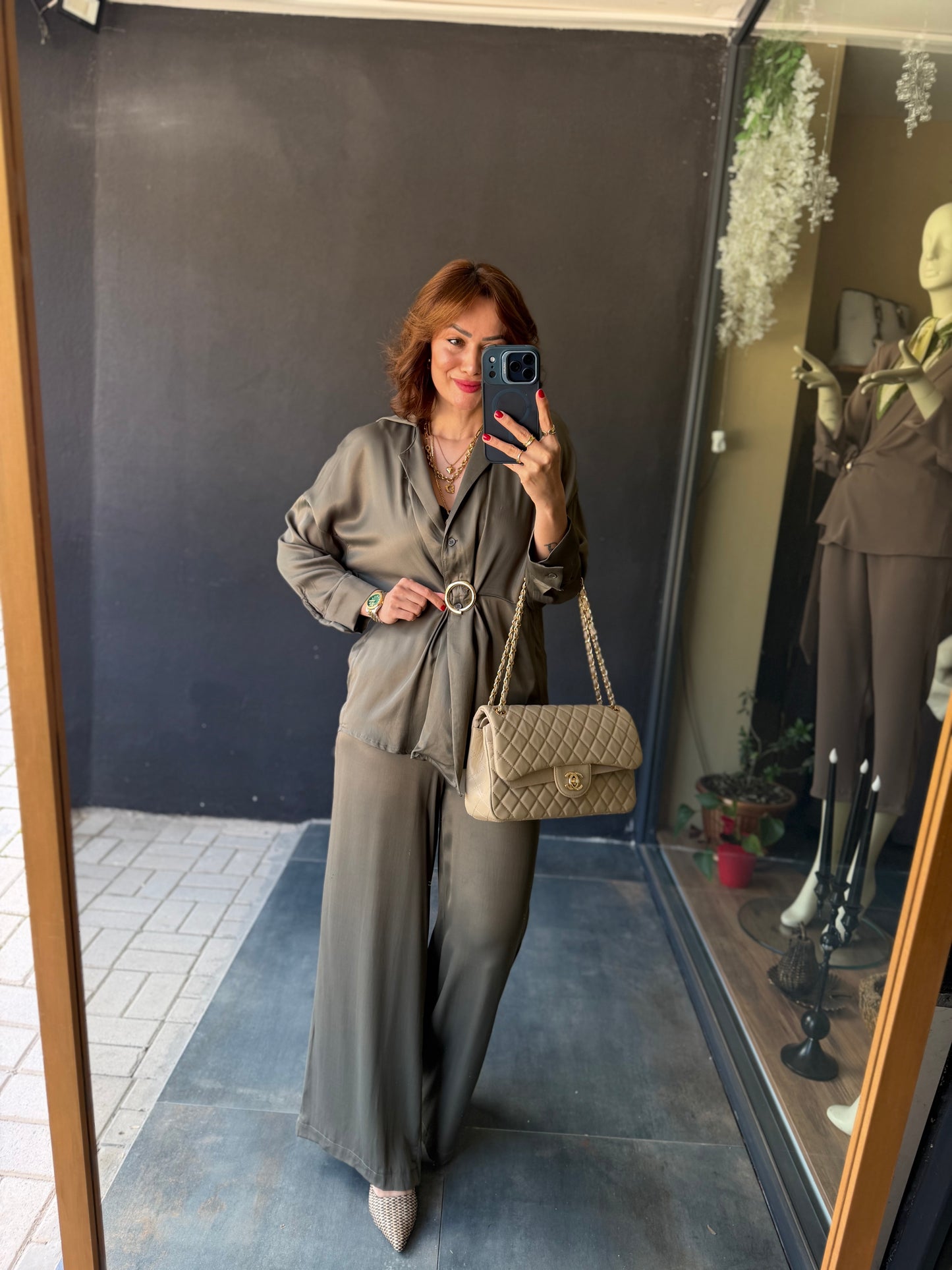 Lost Haki Pamuklu Saten Broşlu Takım