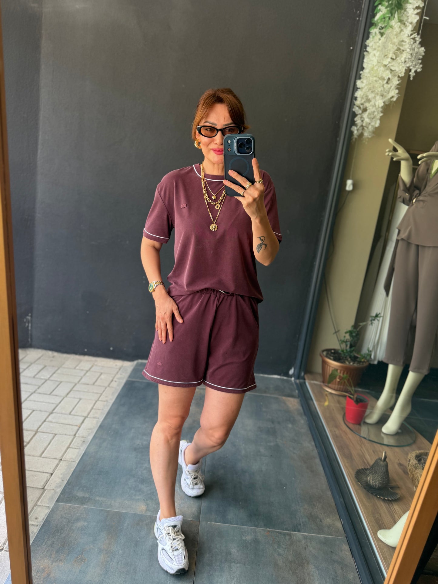 Günlük Basic Şortlu Kadın Takım Bordo