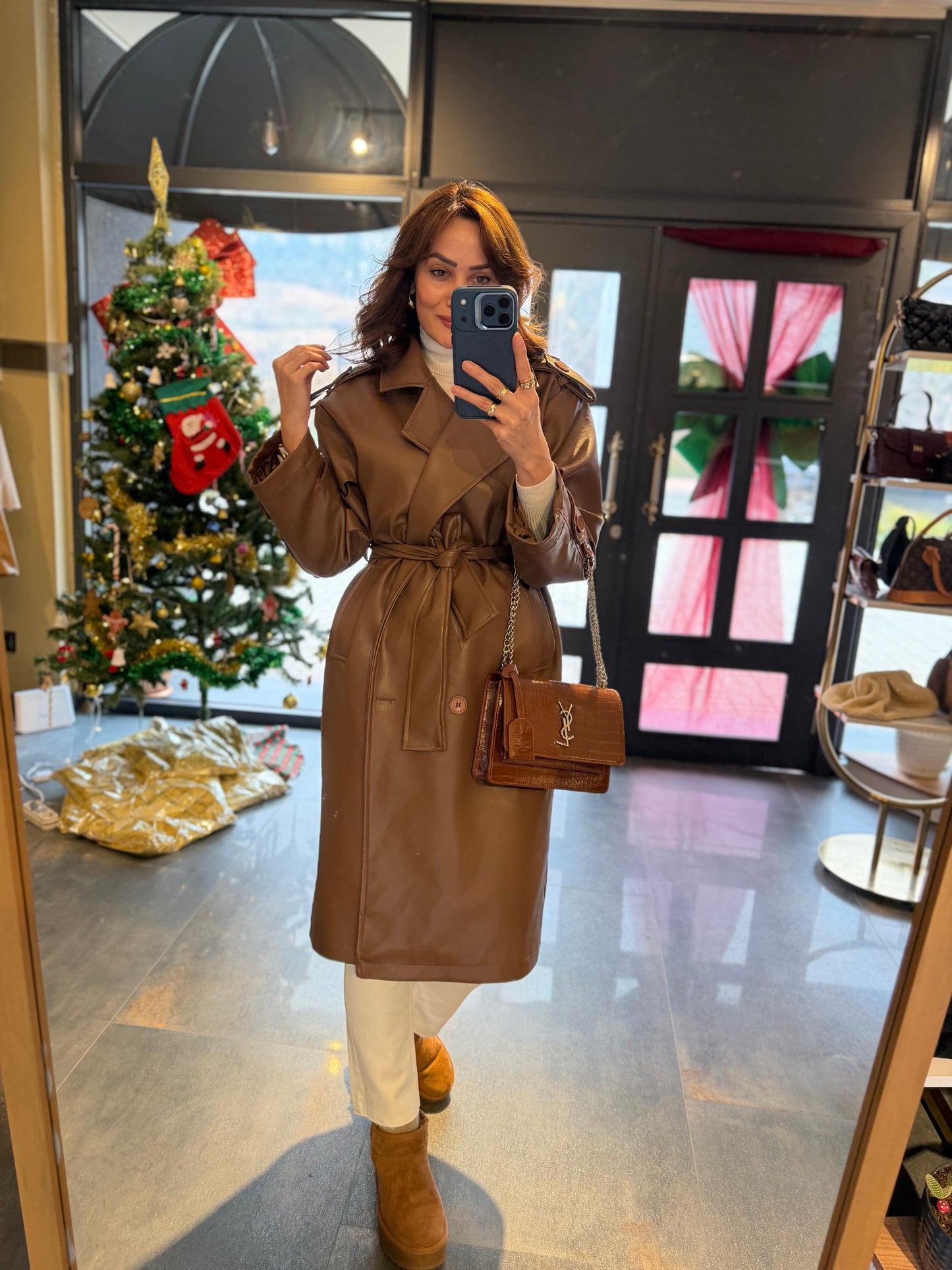 Glam Kahve Deri Trench