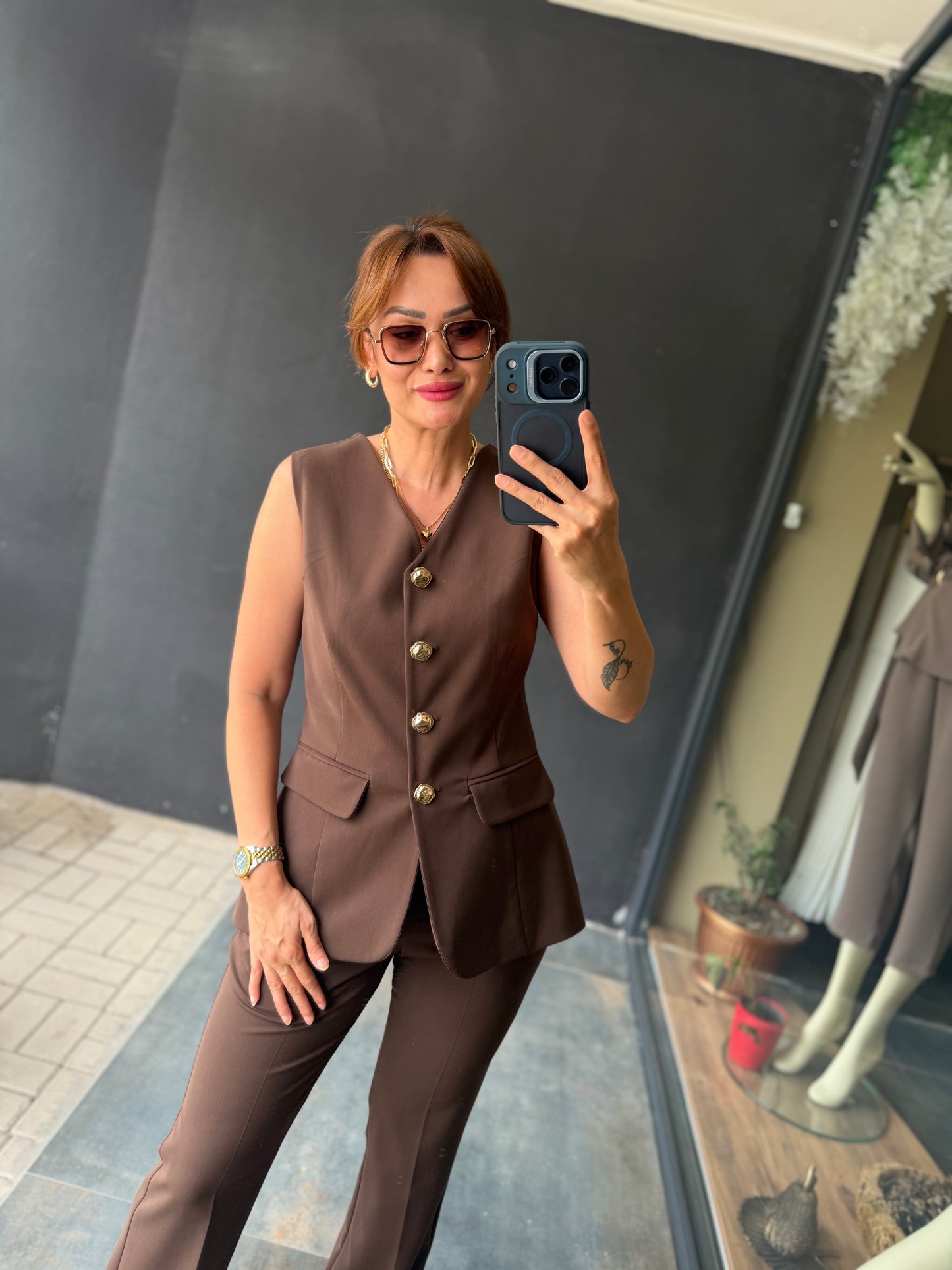 Kahve 4 Mevsim Yelekli Takım