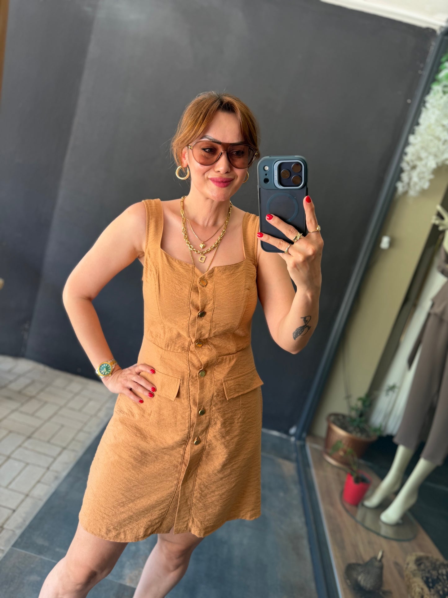 Camel Mini Gold Düğmeli Elbise