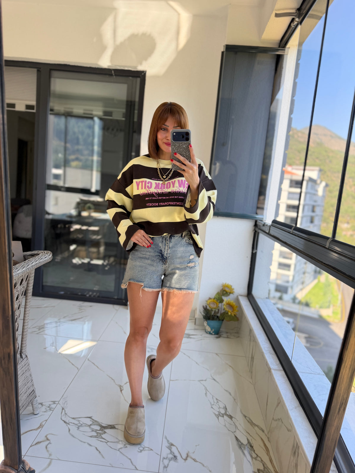 Firesh Kahve Çizgili Basic Sweat