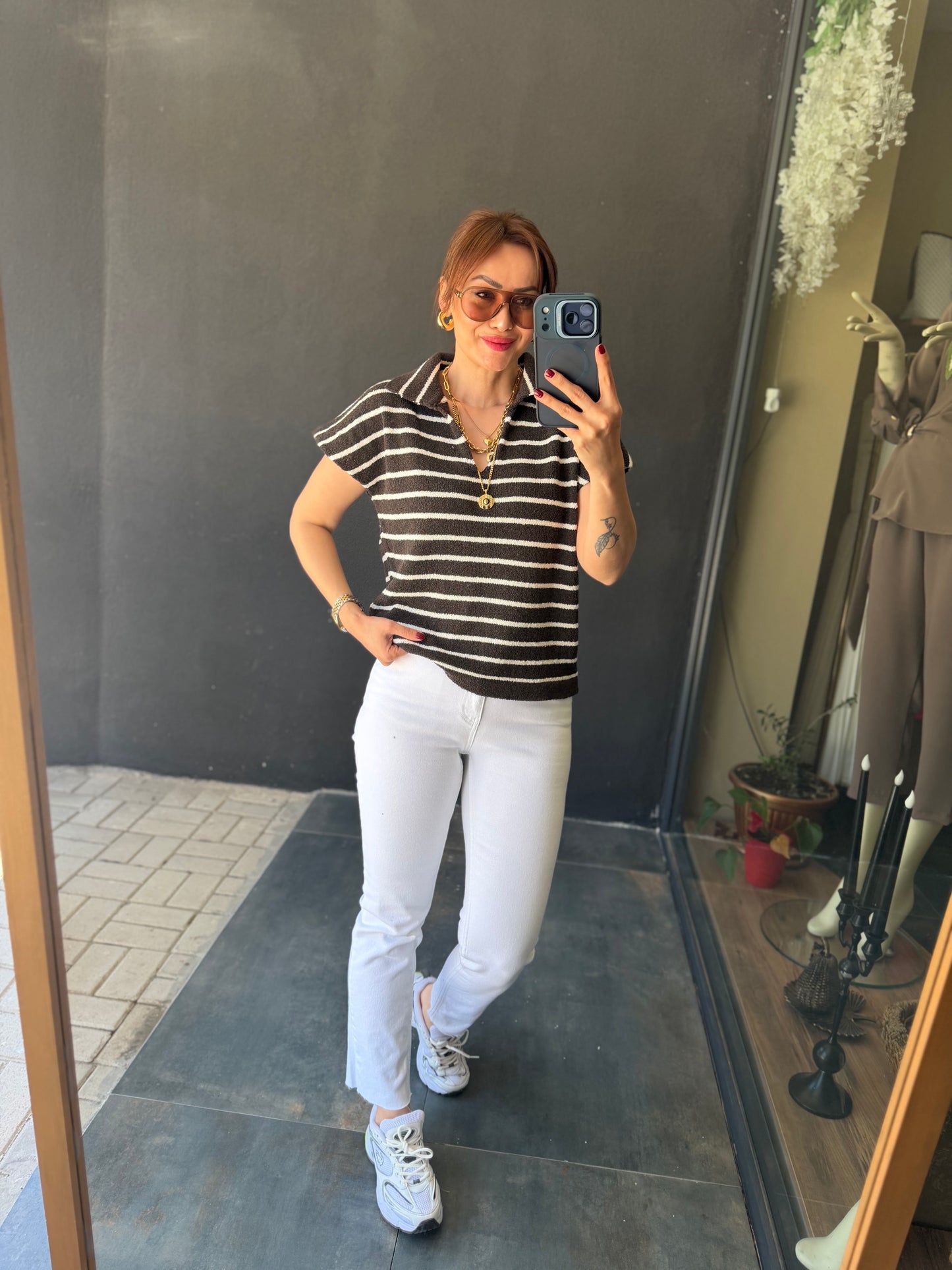 Virage Kahve Çizgili Triko Bluz
