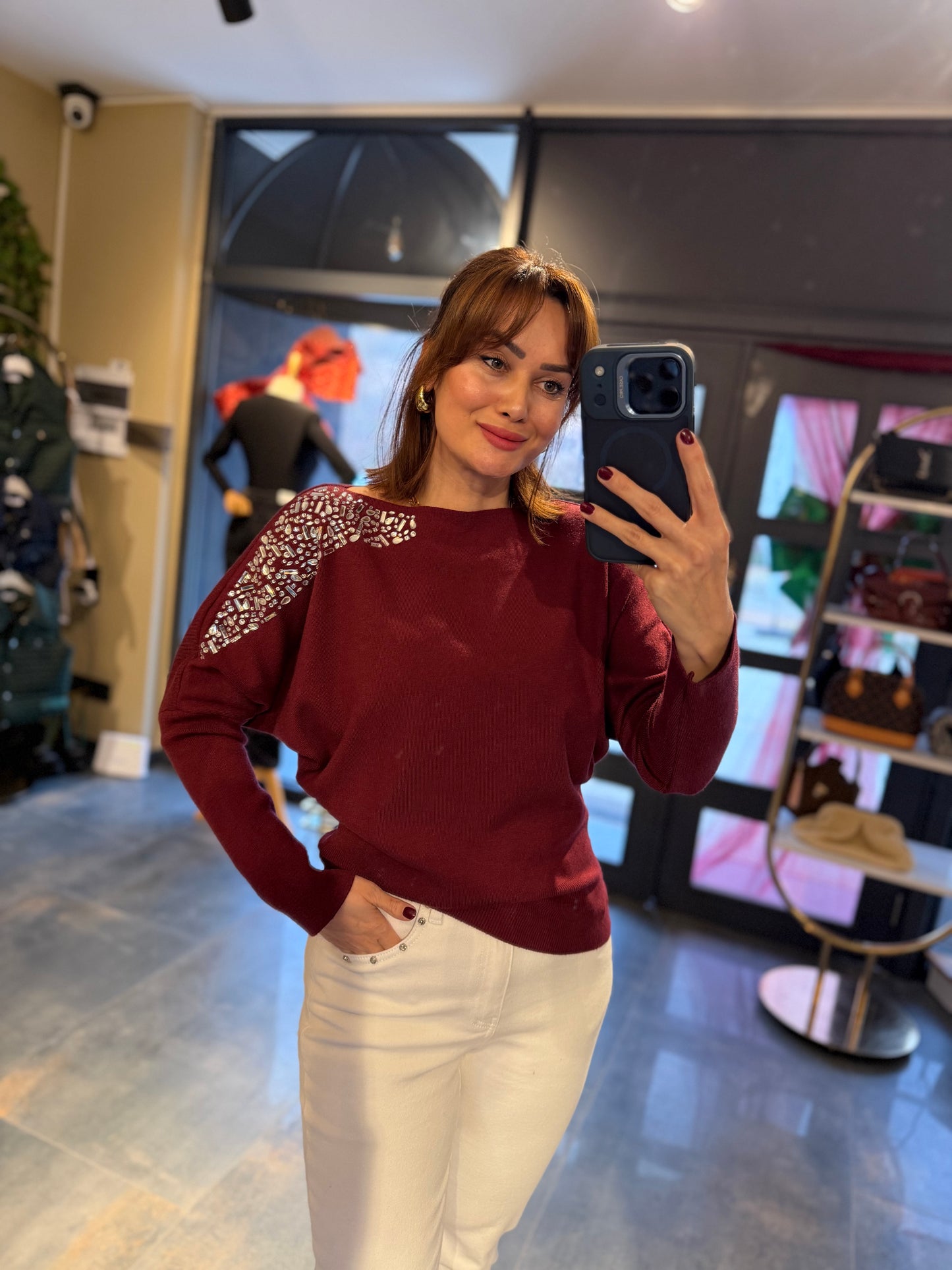 Buruni Bordo Çelik Örme Bluz