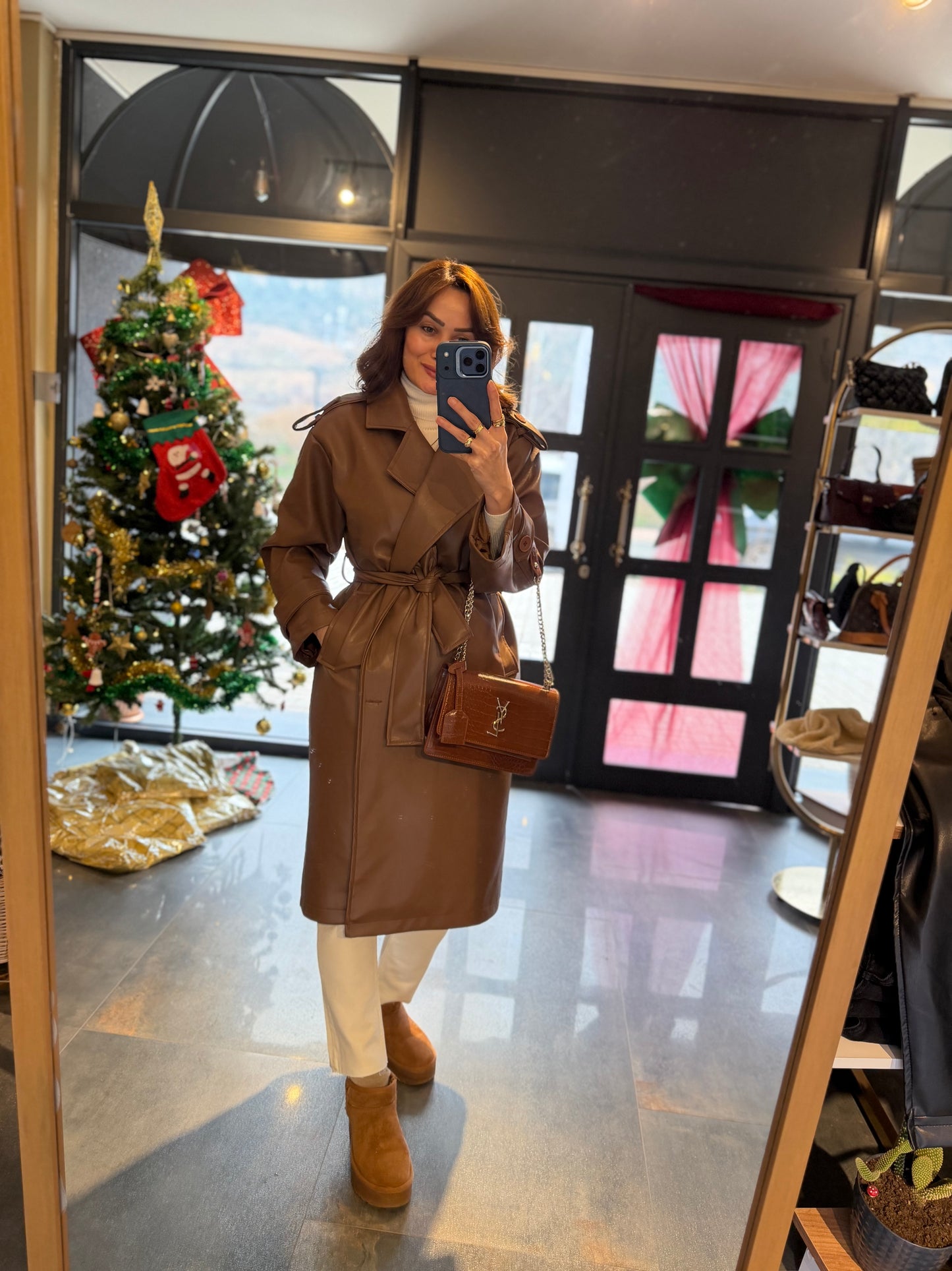 Glam Kahve Deri Trench
