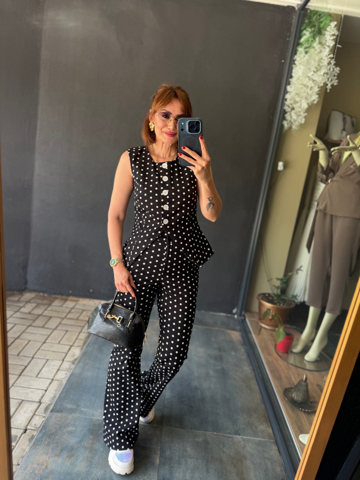 Siyah Puantiyeli Retro Pantolon Takımı