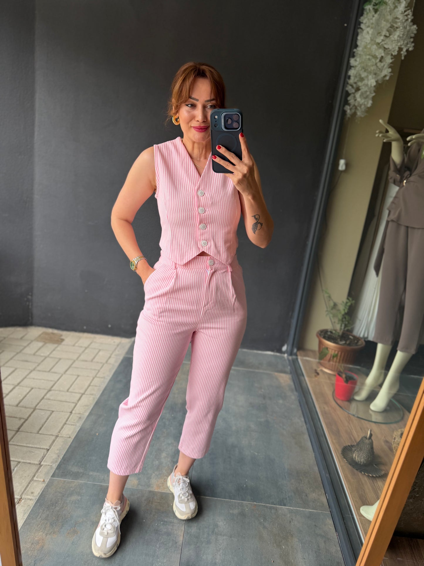 Çizgili Pembe Jean Keten Takım