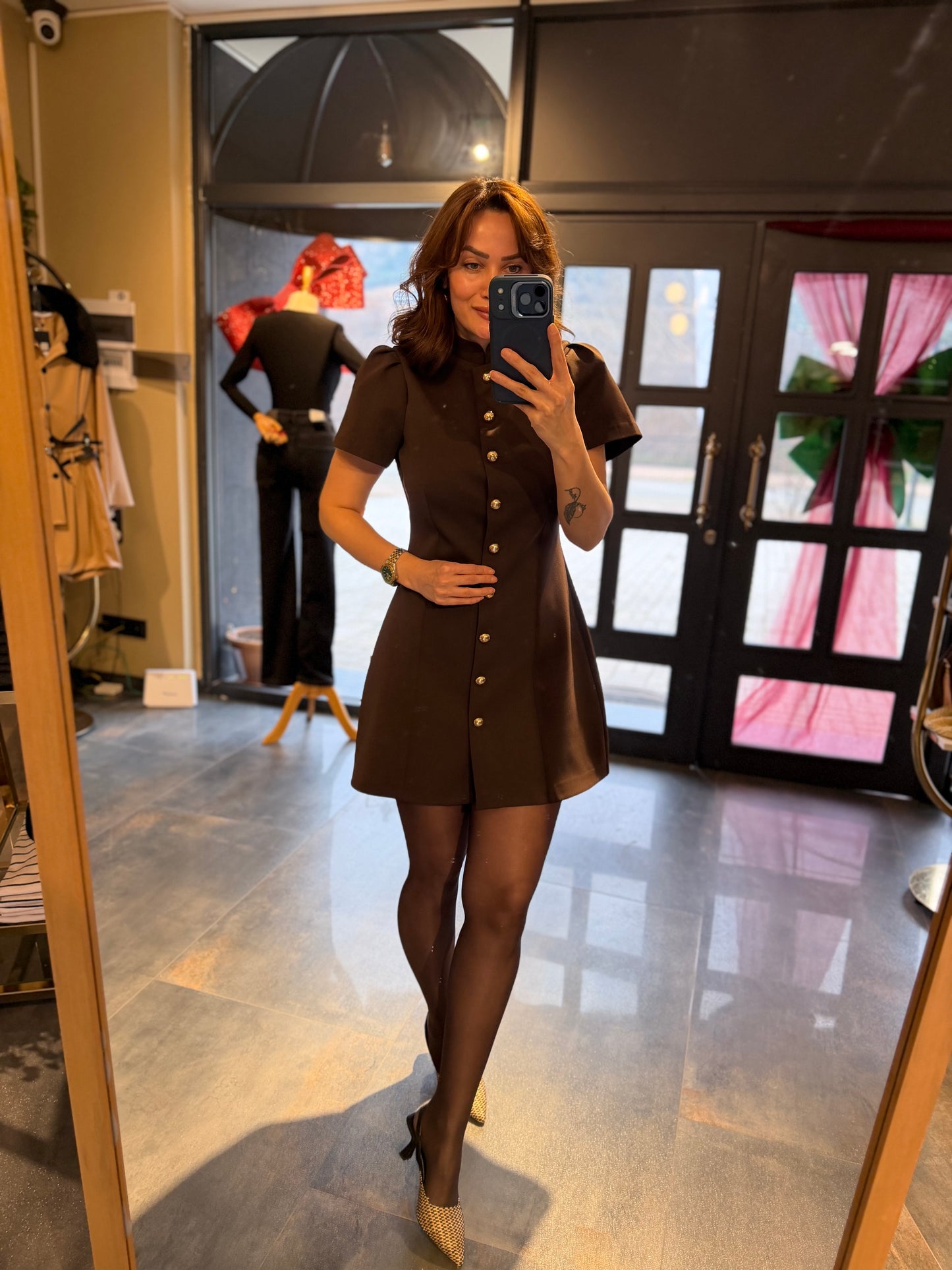 Mosss Kahve /Gold Düğmeli Elbise