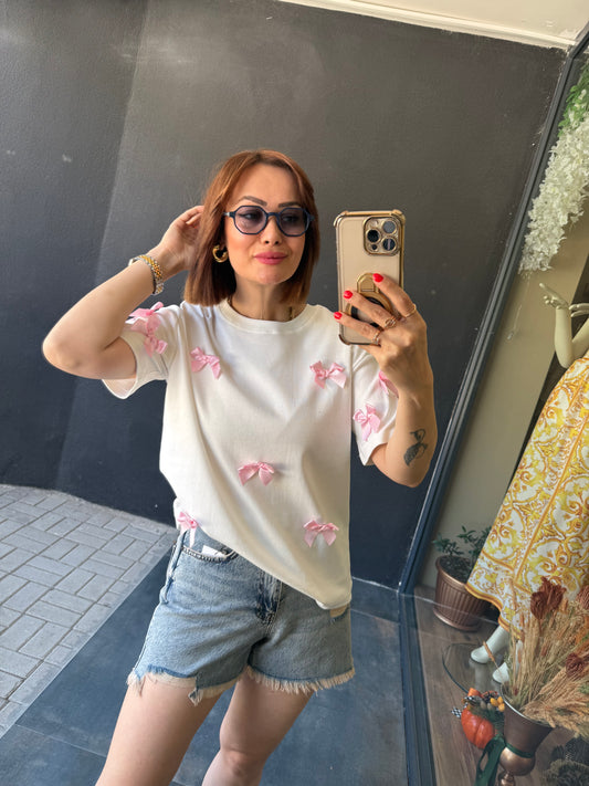 Bısou Pembe Kurdele T-Shirt